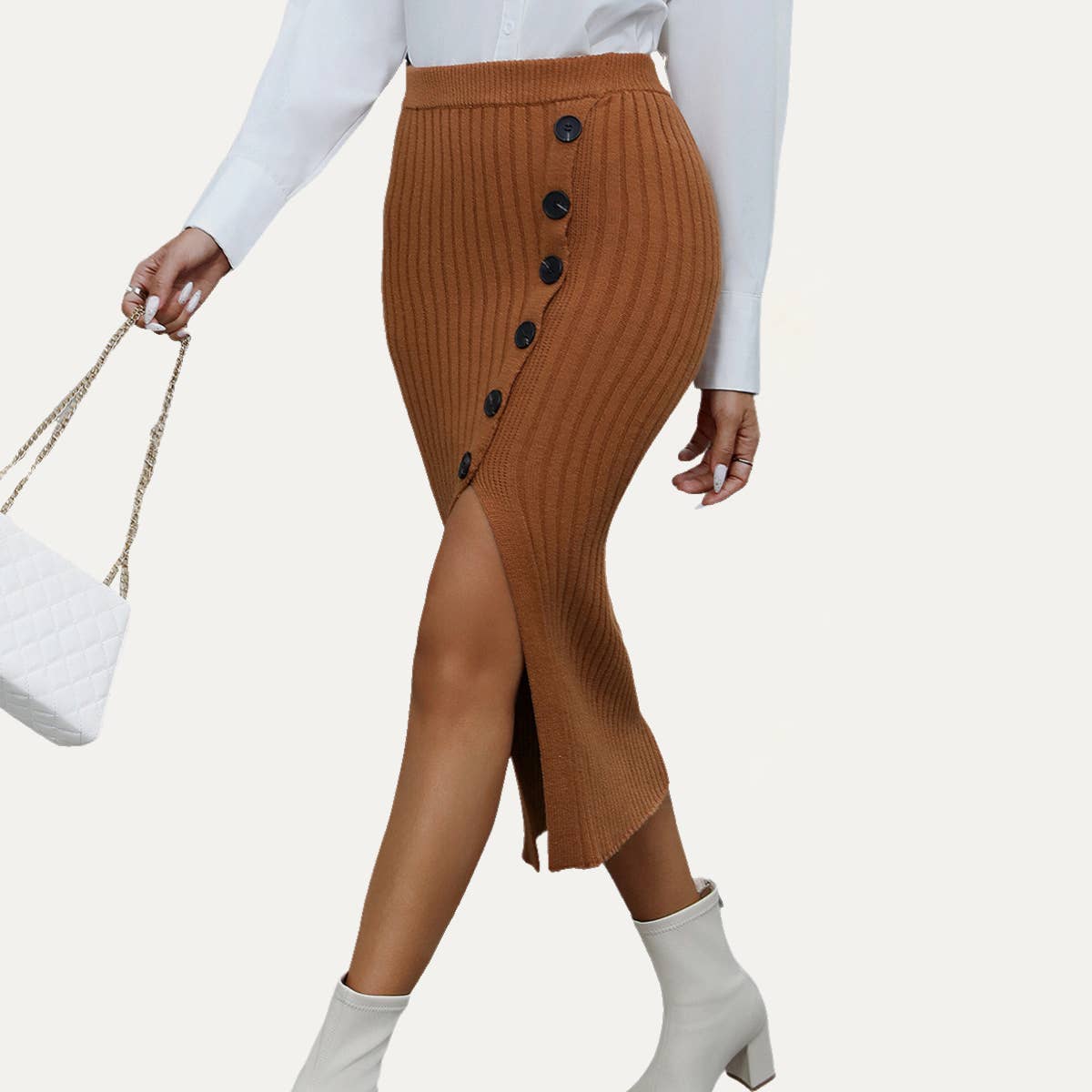 Fashionable Textured High-Waist Button-Front Midi Skirt: Caramel / S