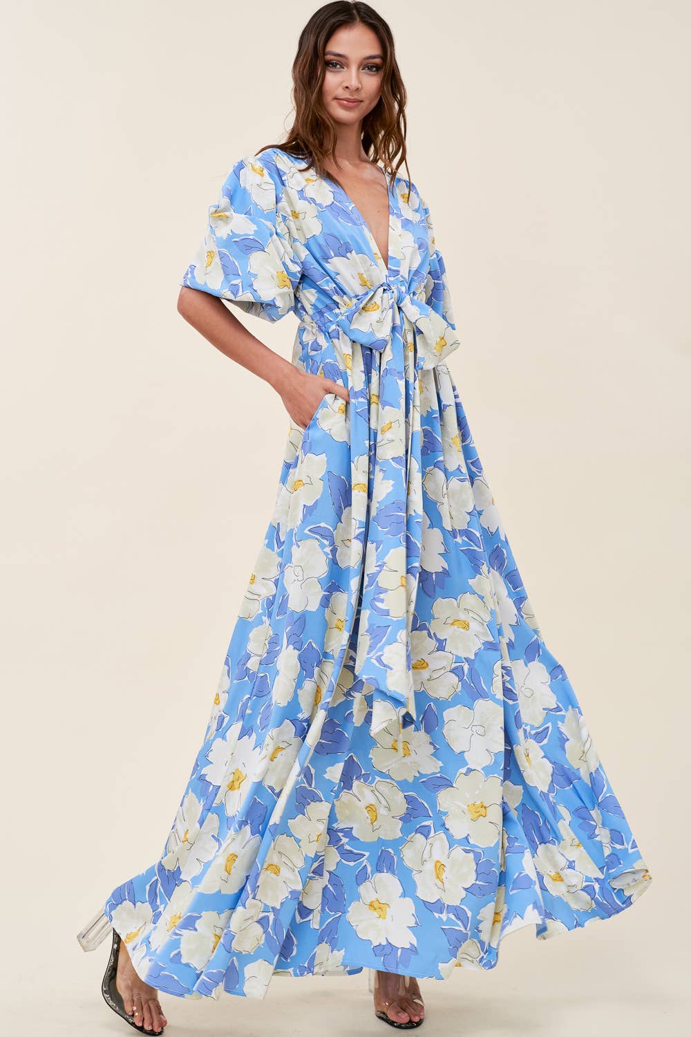 Printed V Neck Maxi Dress - Short Sleeve: PURPLE/LAVENDER