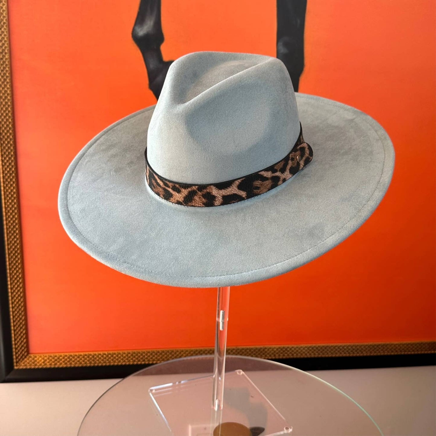 Wide Brim Suede Hat W/ Leopard printed belt: TEAL / ONE SIZE