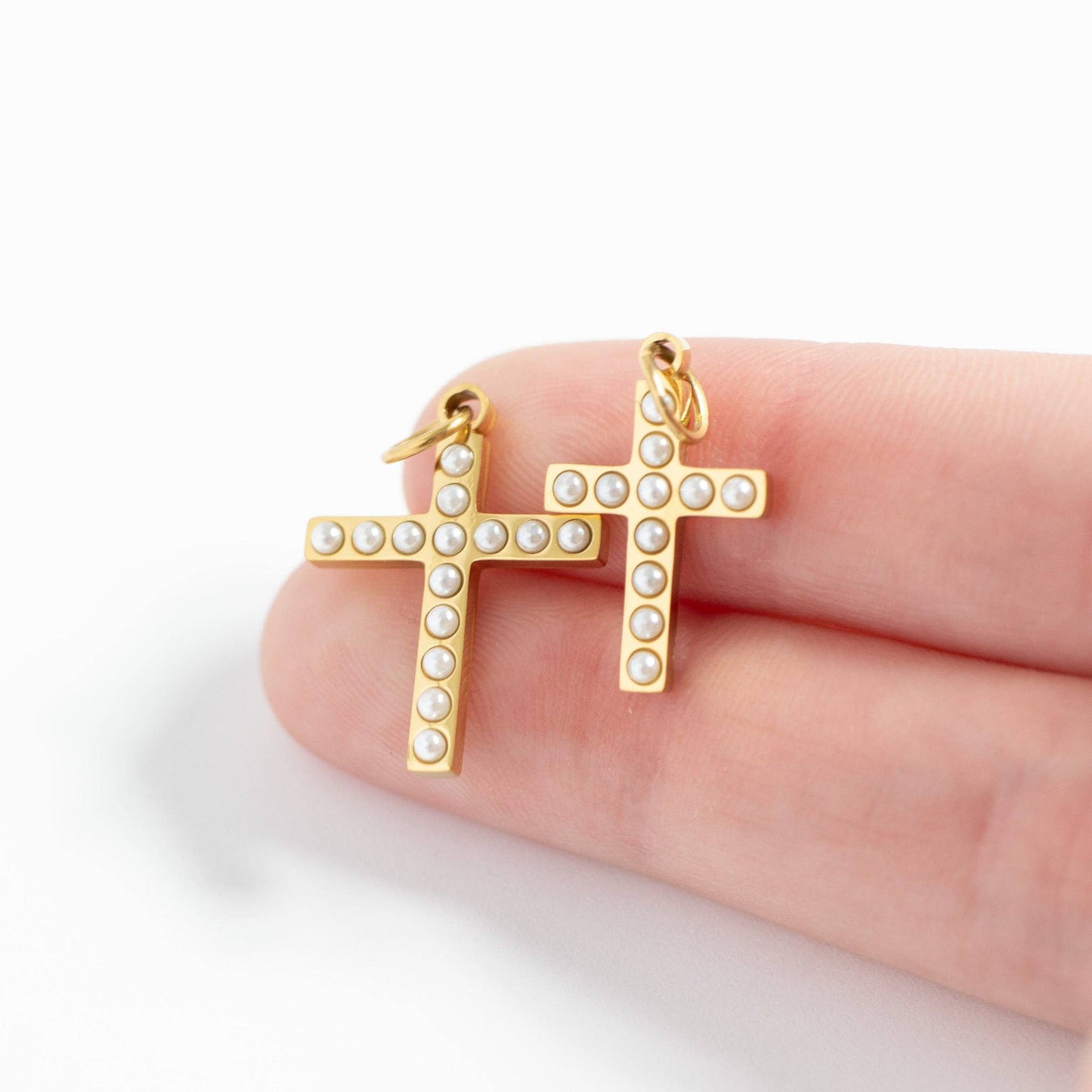 18K Gold PVD Stainless Steel Pearl Beaded Cross Charm: Stainless / 15mm