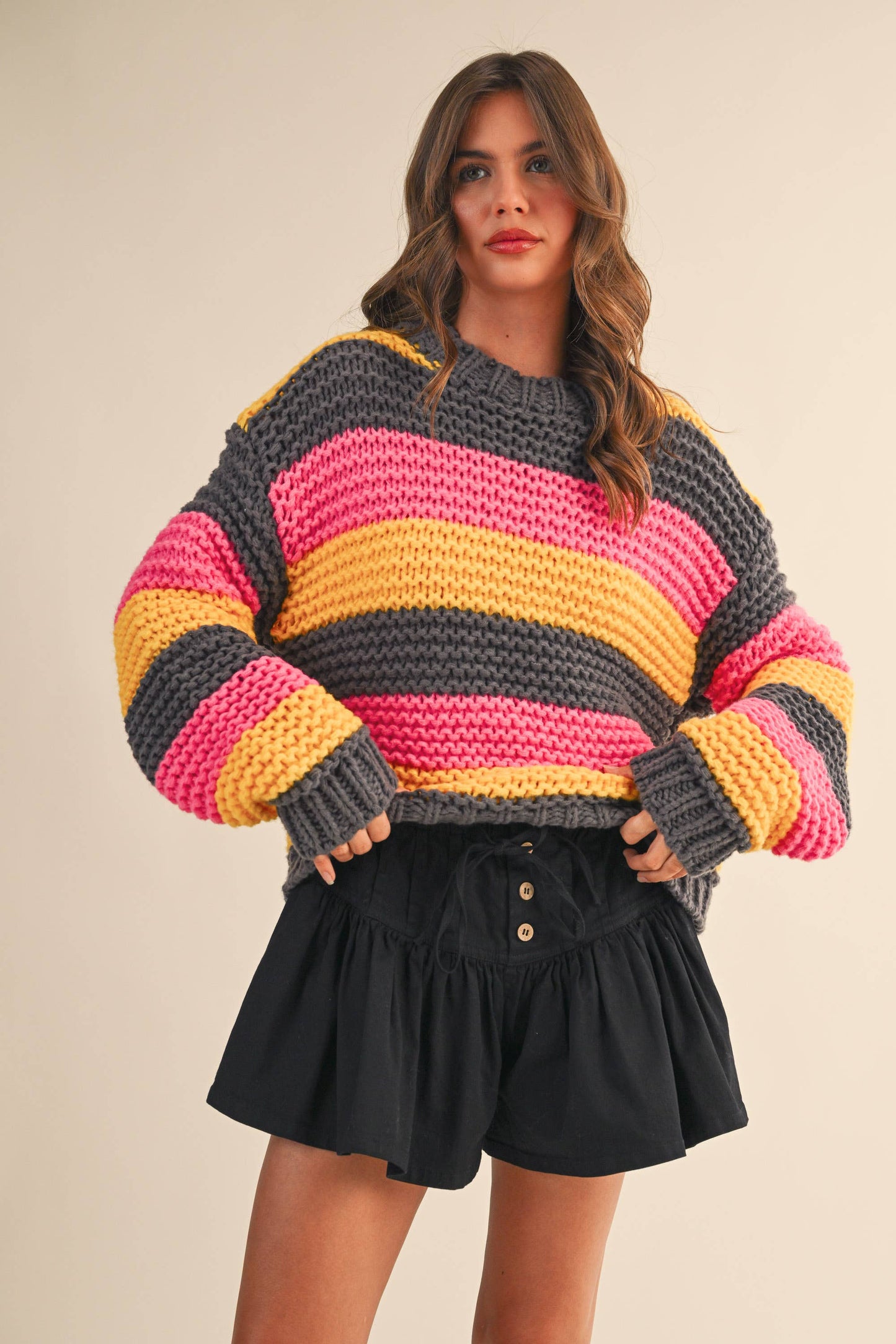 IT4431 MULTI COLOR STRIPED SWEATER KNIT TOP: Multi-Colored / M/L