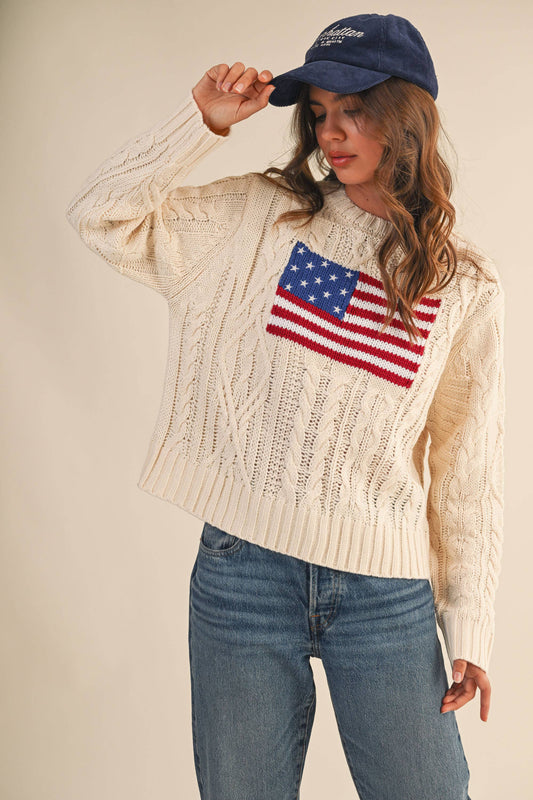 IT4473 USA FLAG CABLE KNIT SWEATER: CREAM / M