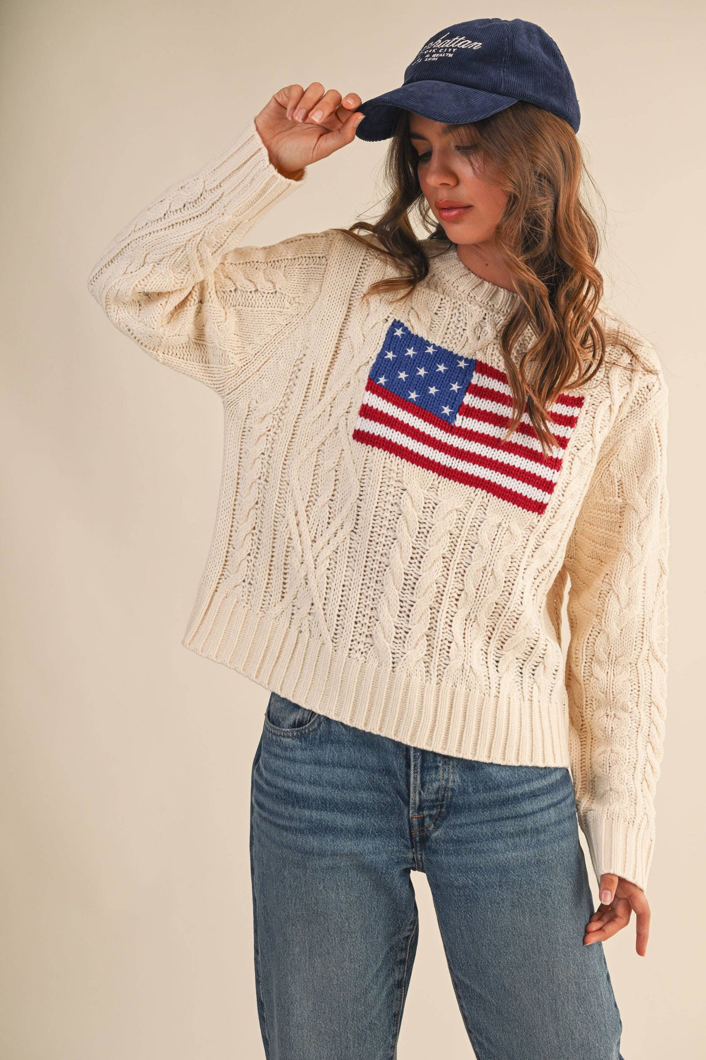 IT4473 USA FLAG CABLE KNIT SWEATER: CREAM / L