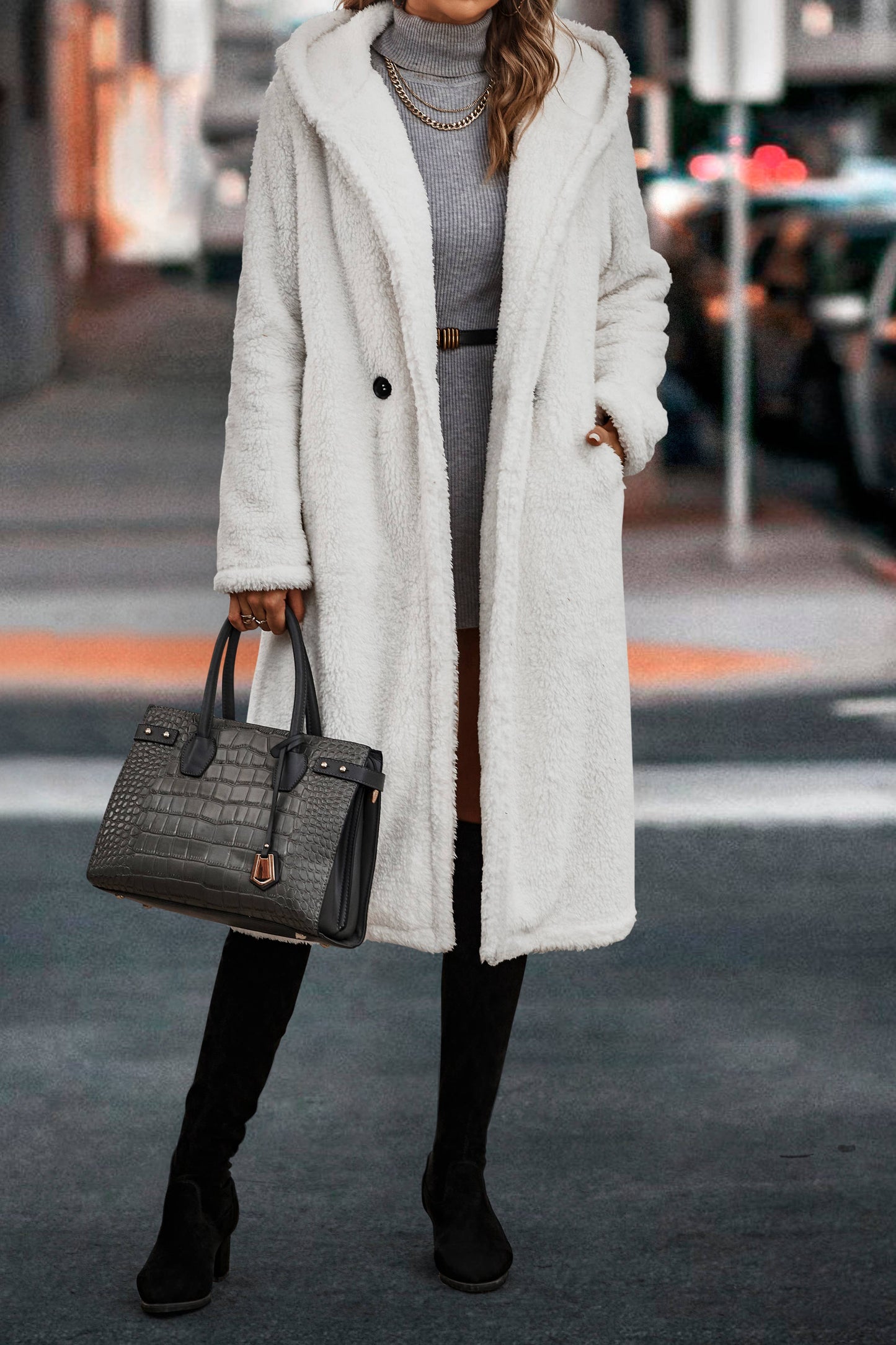 SZ1-JK7099 Long Teddy Bear Hooded Coat: Camel / XL