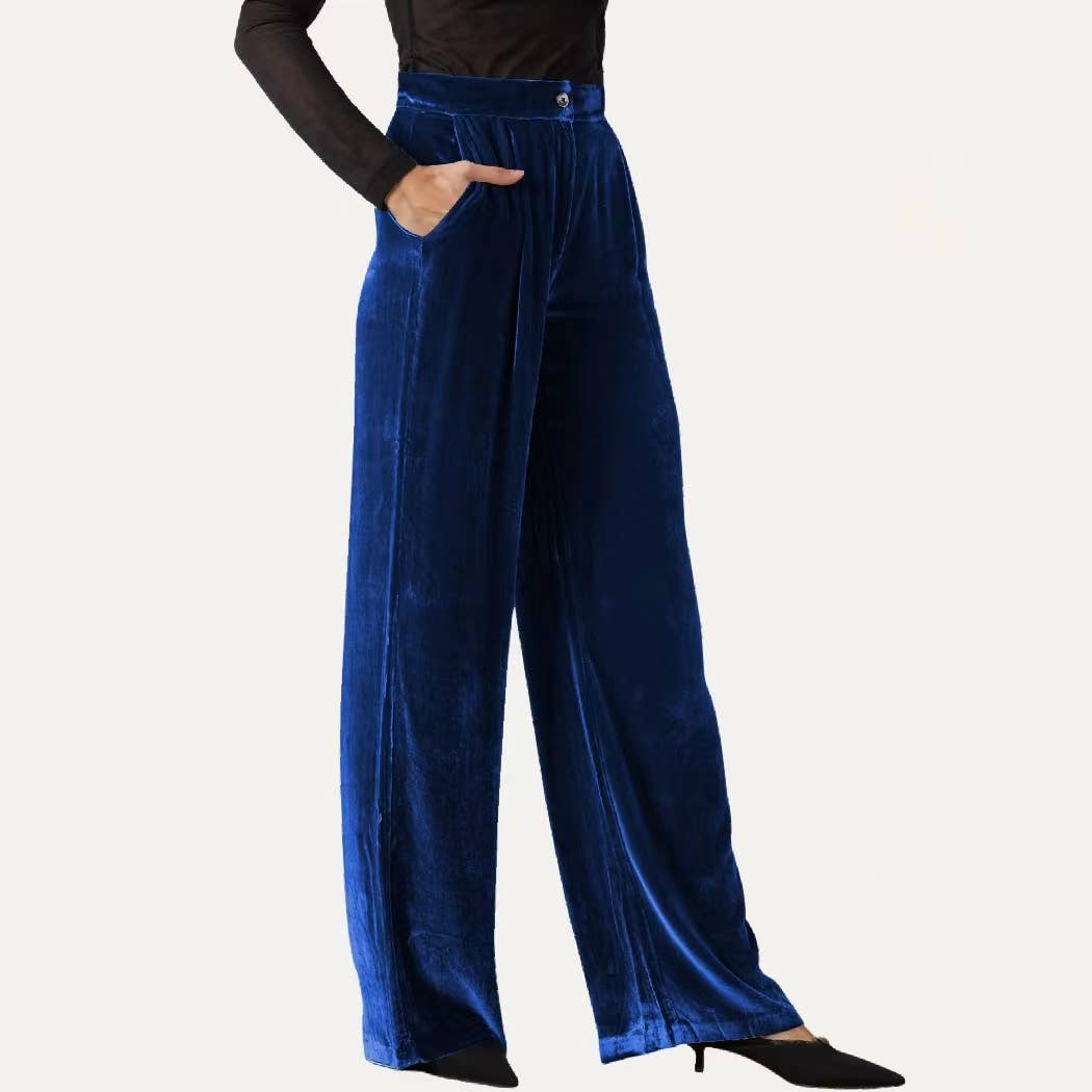 Chic Solid Velvet High-Rise Wide Leg Trouser Pants: Red / L