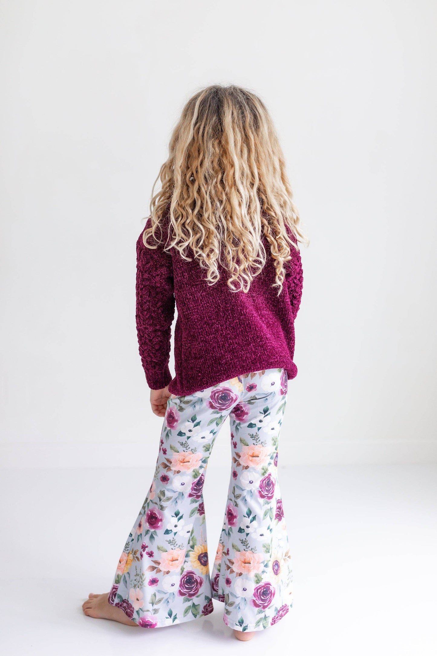 Kids Long Sleeve Plum Sweater & Sage Floral Bell Bottom Set: 5/6