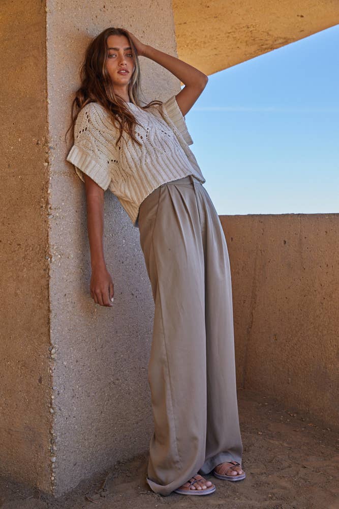 W1124 | Knit Sweater Crochet Round Neck Short Sleeve Top: Olive / Small