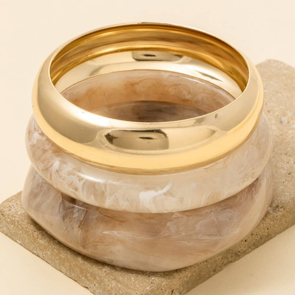 3 Piece Metallic And Marble Resin Bangle Bracelet Set: BR