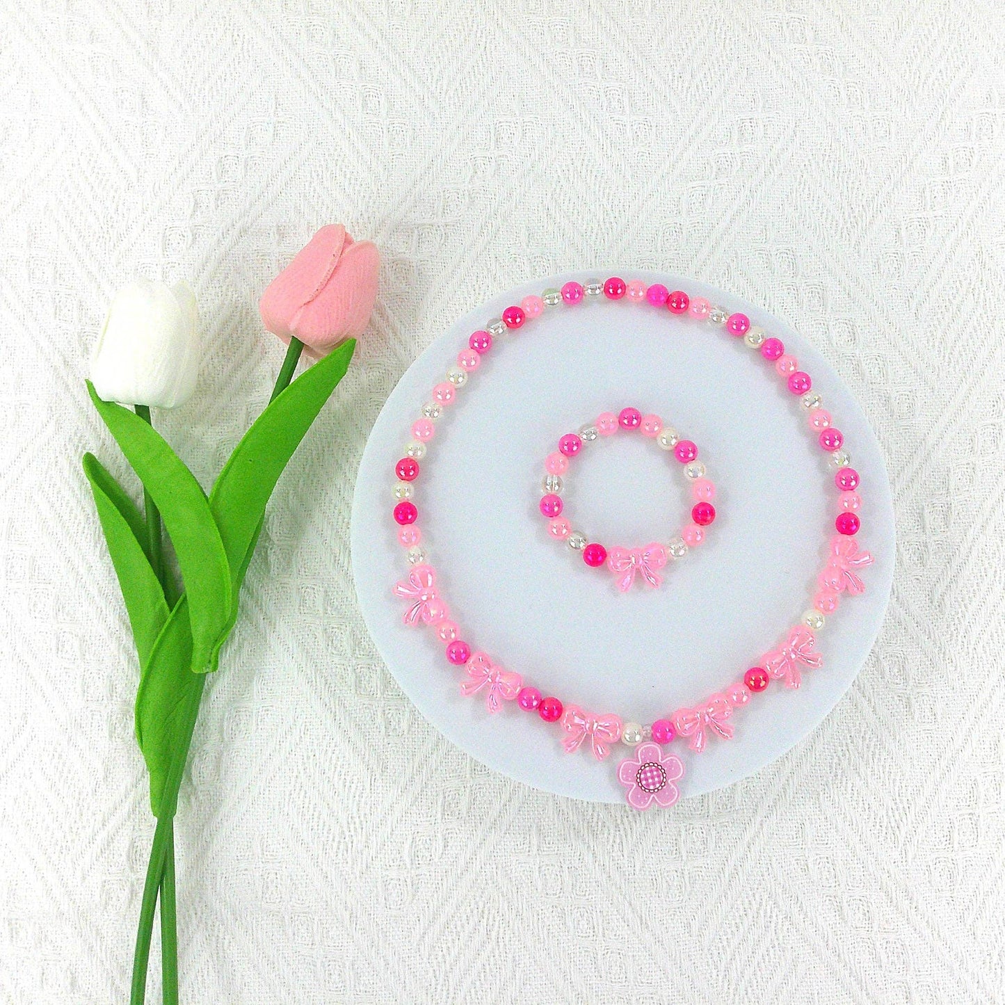 KIDS BEADS CHARM NECKLACE AND BRACELET JEWELRY SET 4315-1 : FLOWER