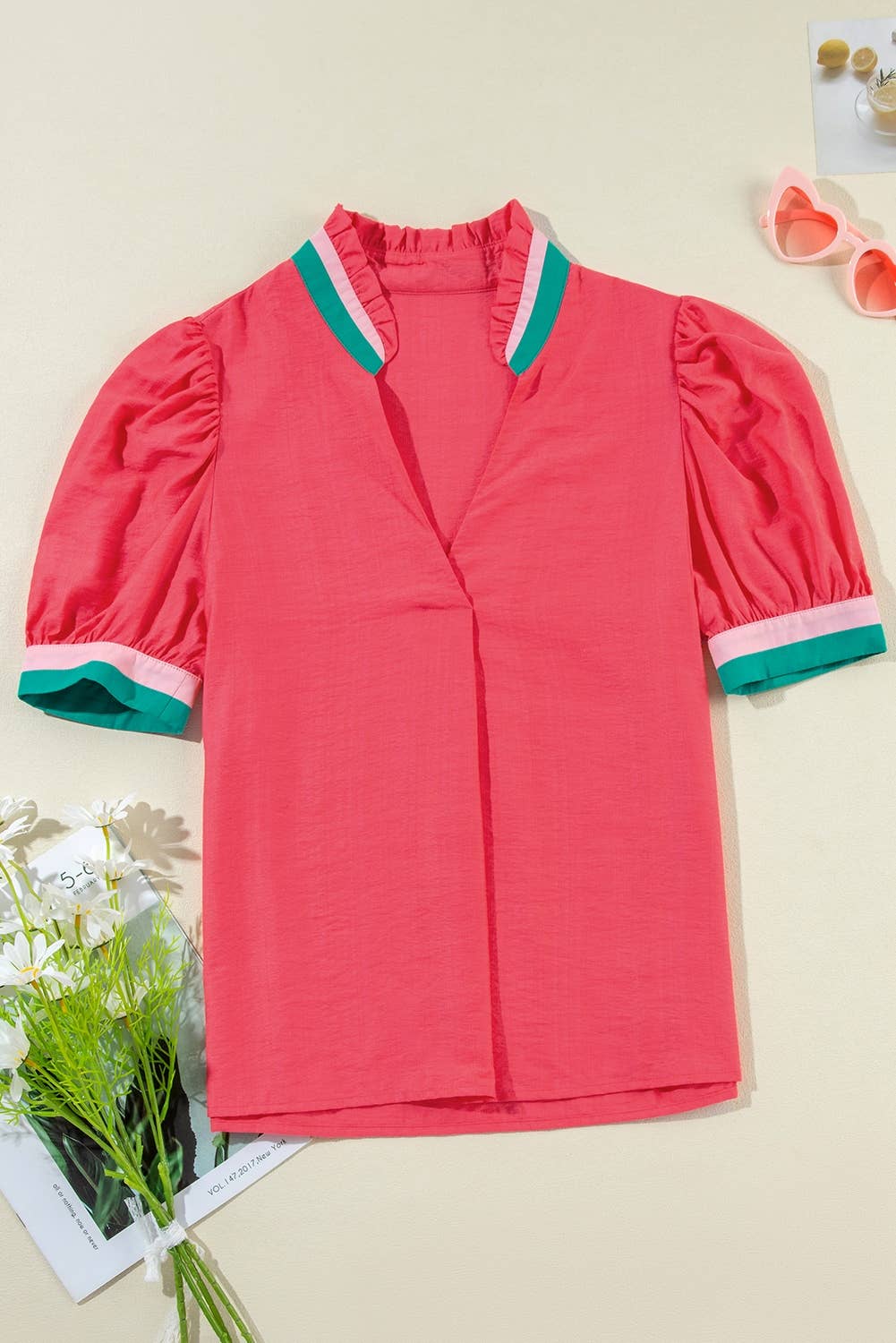 Colorful Trim V Neck Short Sleeve Blouse: Green / XL