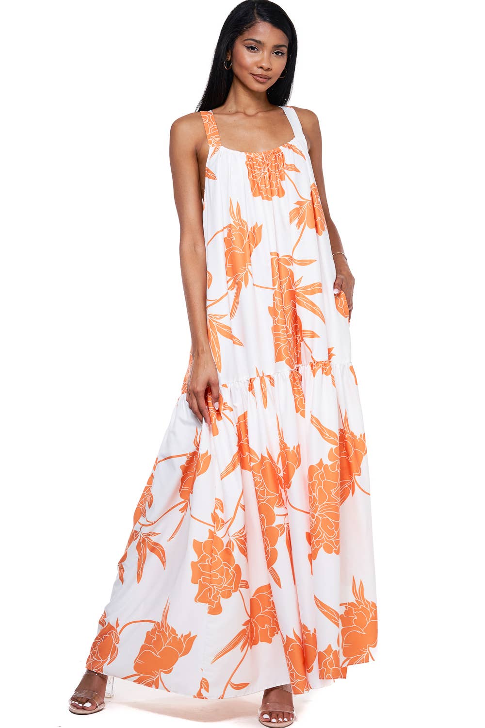 FLORAL PRINTED MAXI DRESS WITH POCKETS: Blue