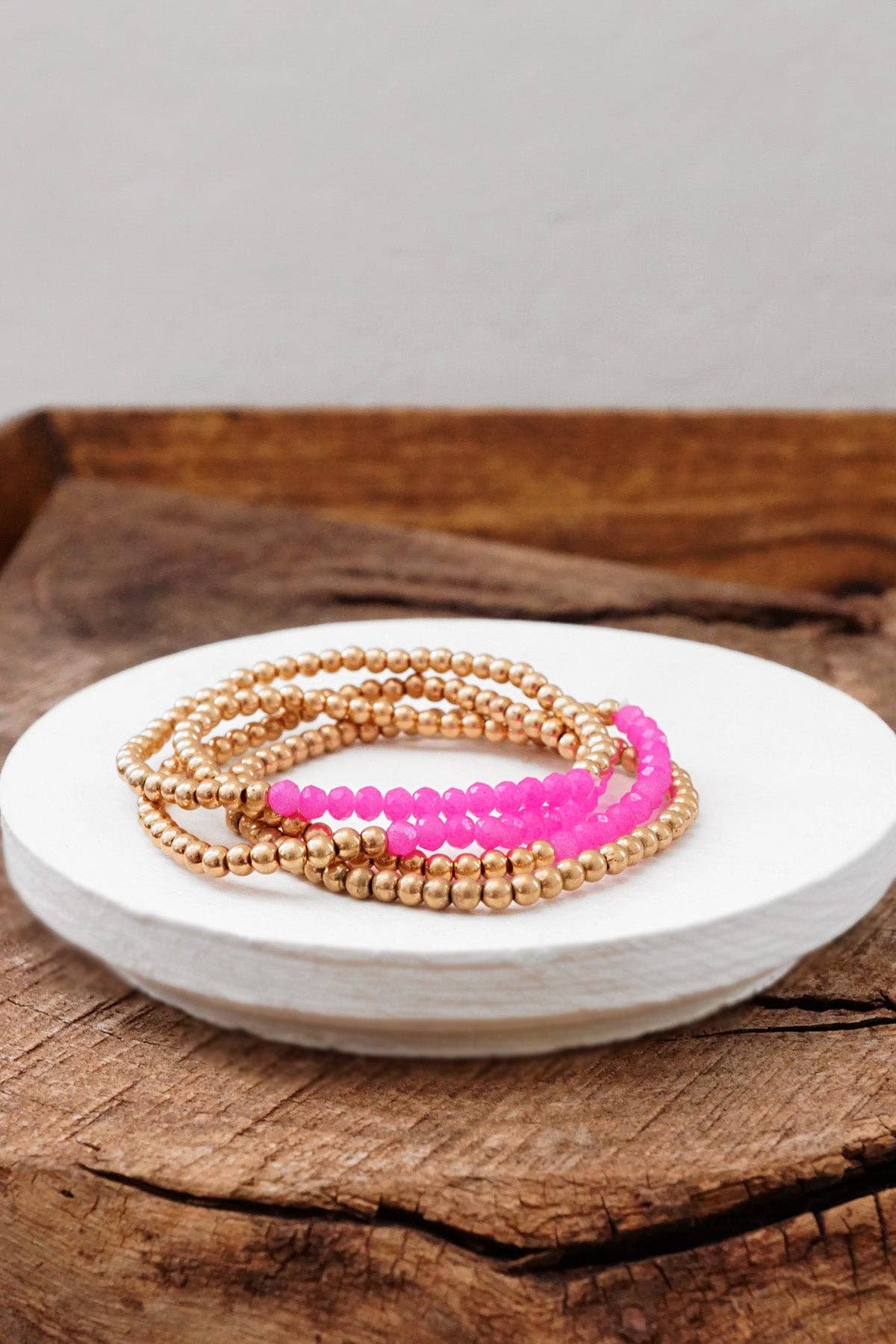 Bracelet stack Small Worn Gold Glass beads Pink Mint Denim: White