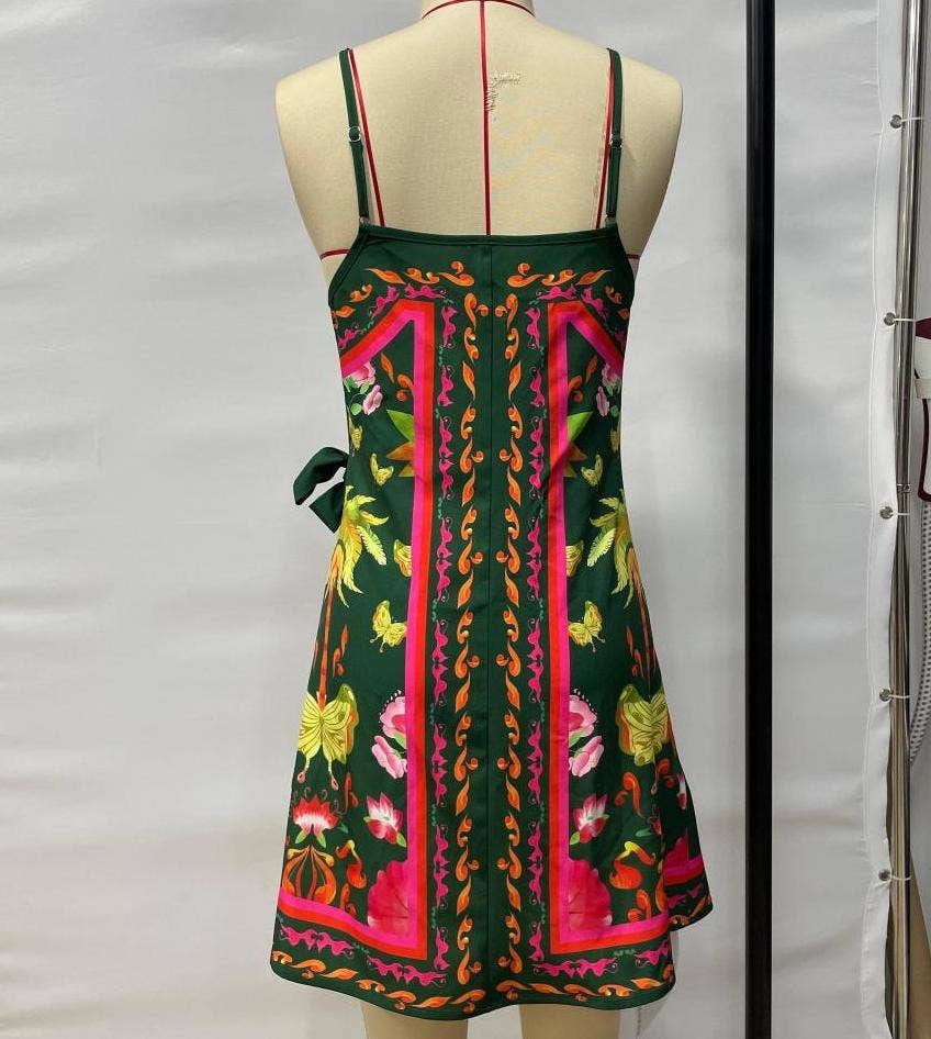 Print sleeveless lace-up mini dress: Green / L