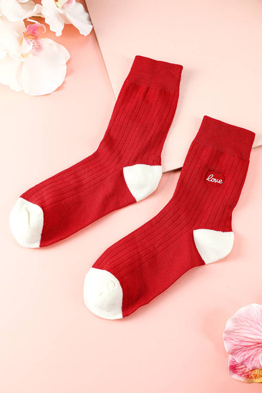 Love Embroidered Ribbed Color Block Crew Socks: Racing Red / ONE SIZE