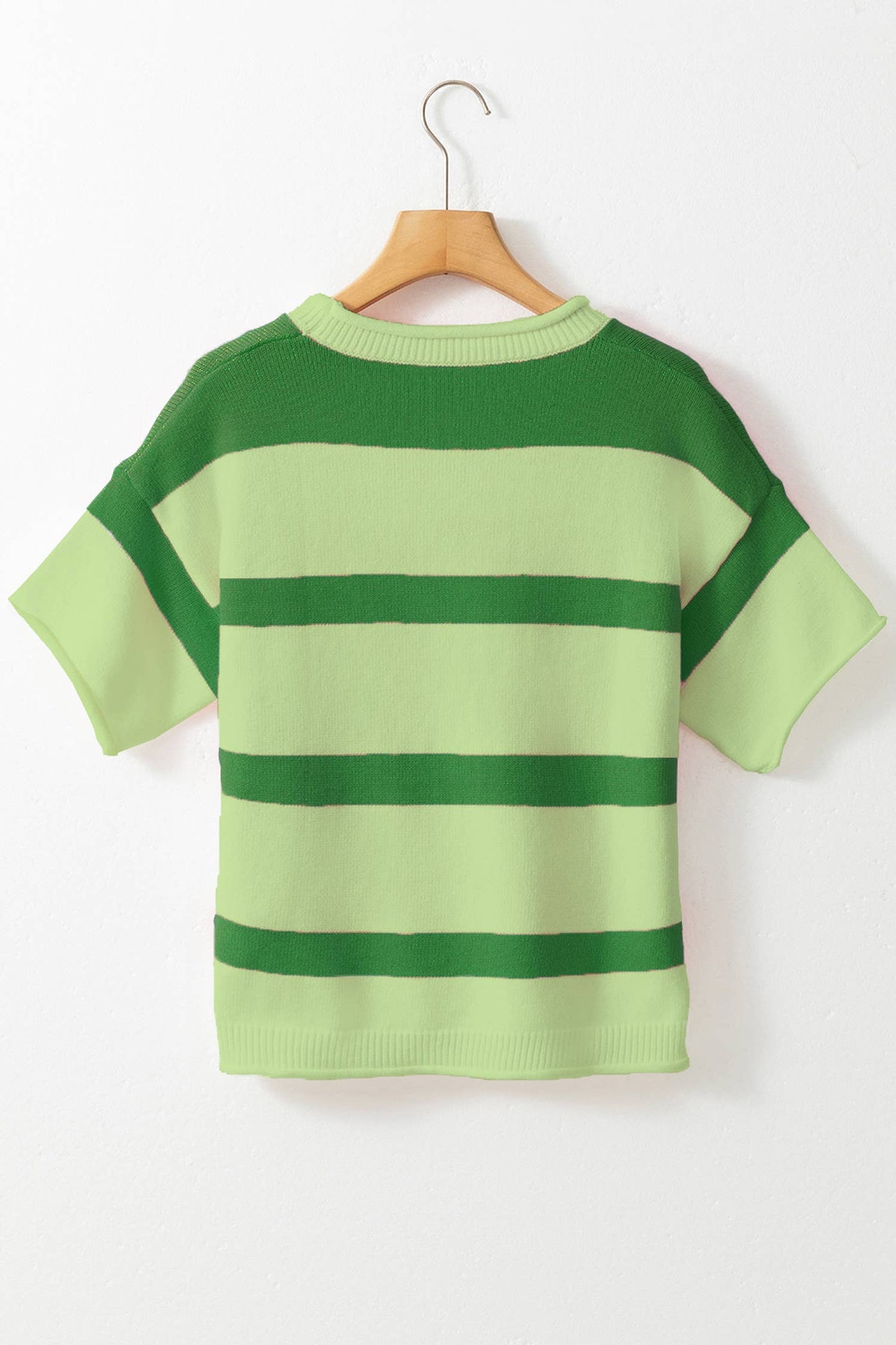 Embroidered Letter Short Sleeve Sweater T-shirt: Green Stripe / M