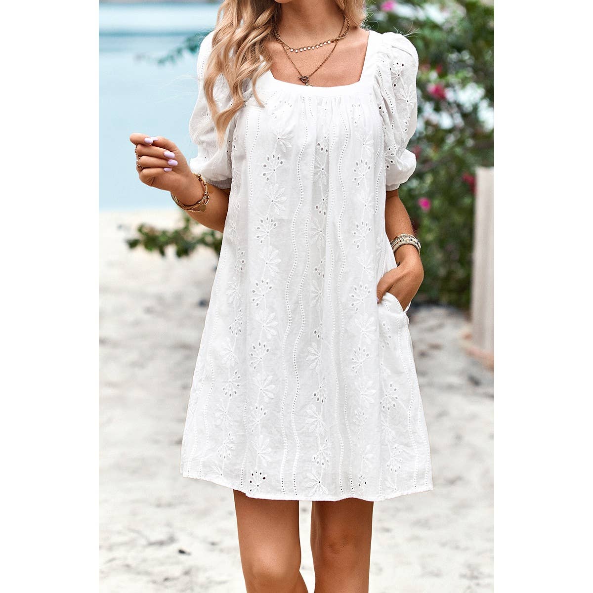 Square Neck Short Bubble Sleeve Babydoll Dress: WHITE / M