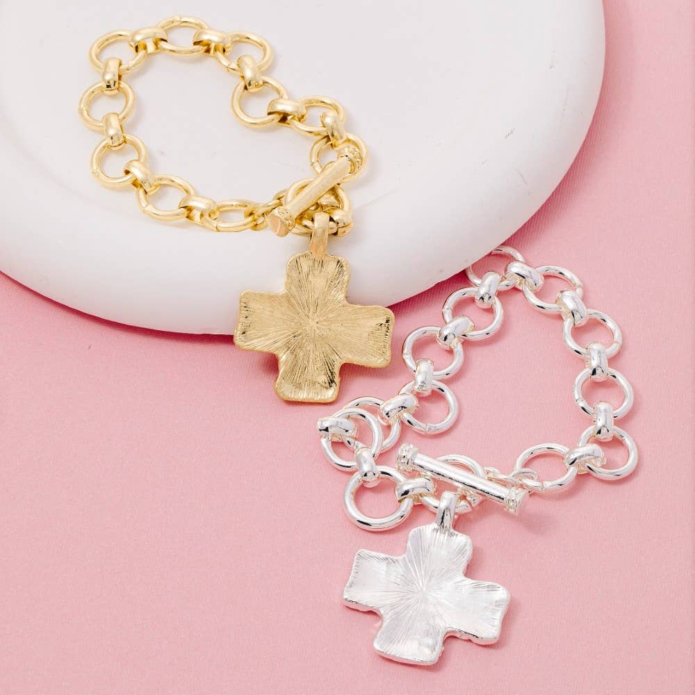 Metallic Hammered Cross Toggle Chain Bracelet: VG