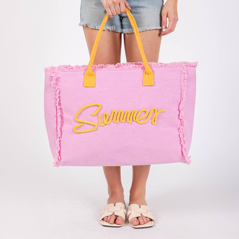 SUMMER Message Embroidered Fringe Canvas Tote Beach Bag: Yellow Gold