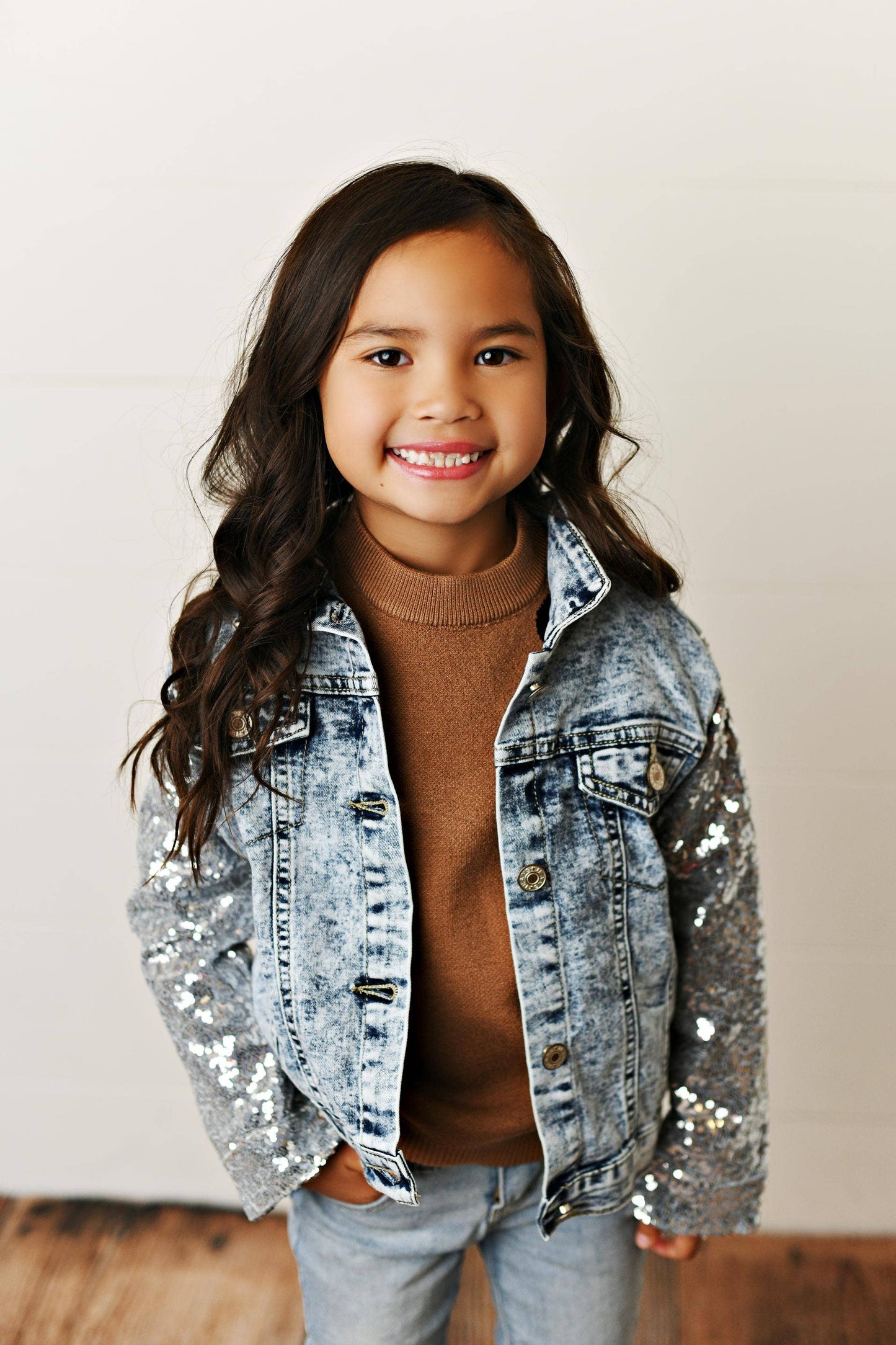 Kids Silver Sequin & Light Wash Denim Button Pocket Jacket: 5