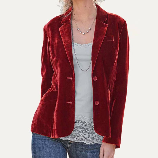 Classic Solid Velvet Collared Neck Long Sleeve Button Blazer: Red / S