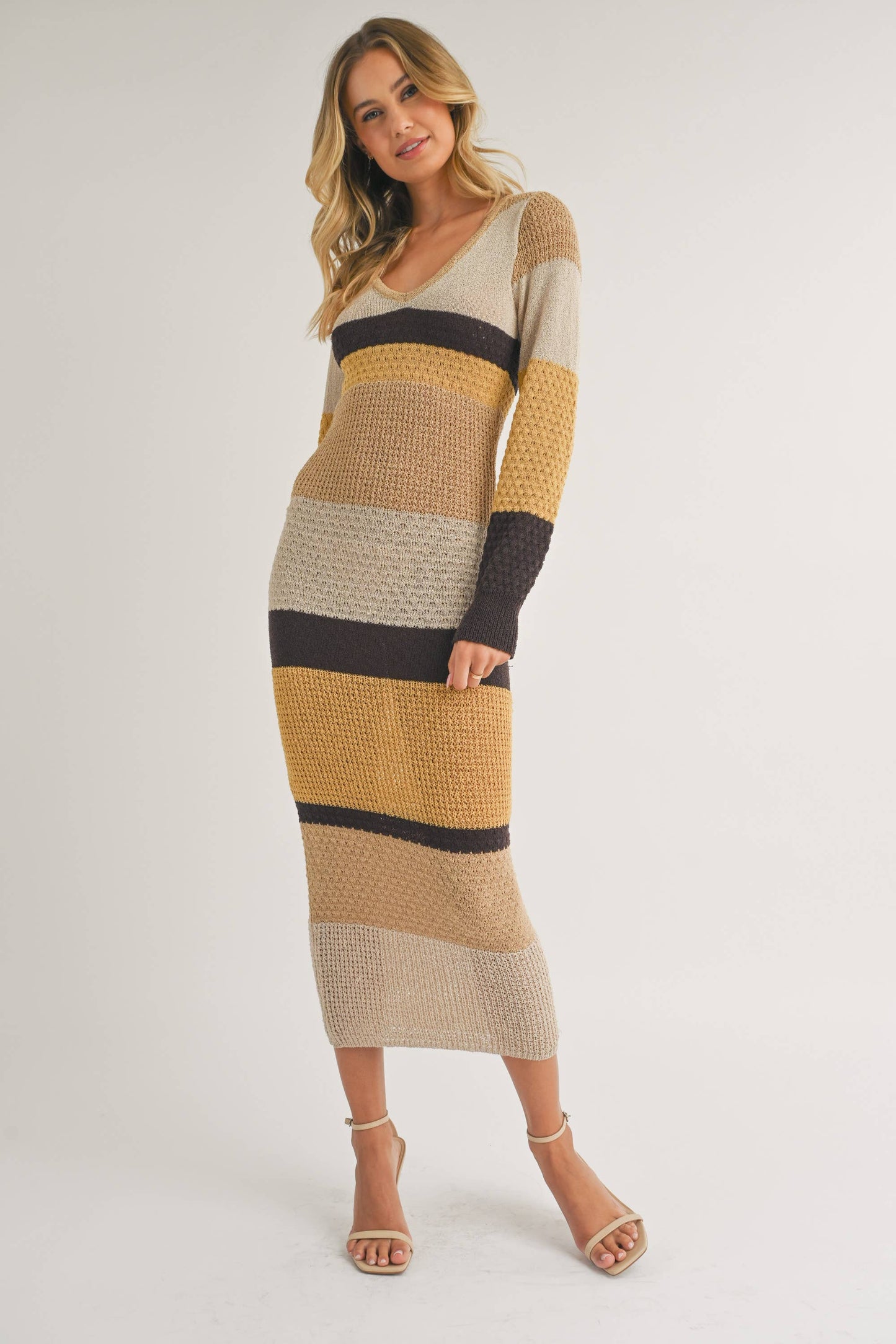 ID7261 - LONG SLEEVE COLORBLOCK SWEATER BODYCON MIDI DRESS: BROWN MULTI / M