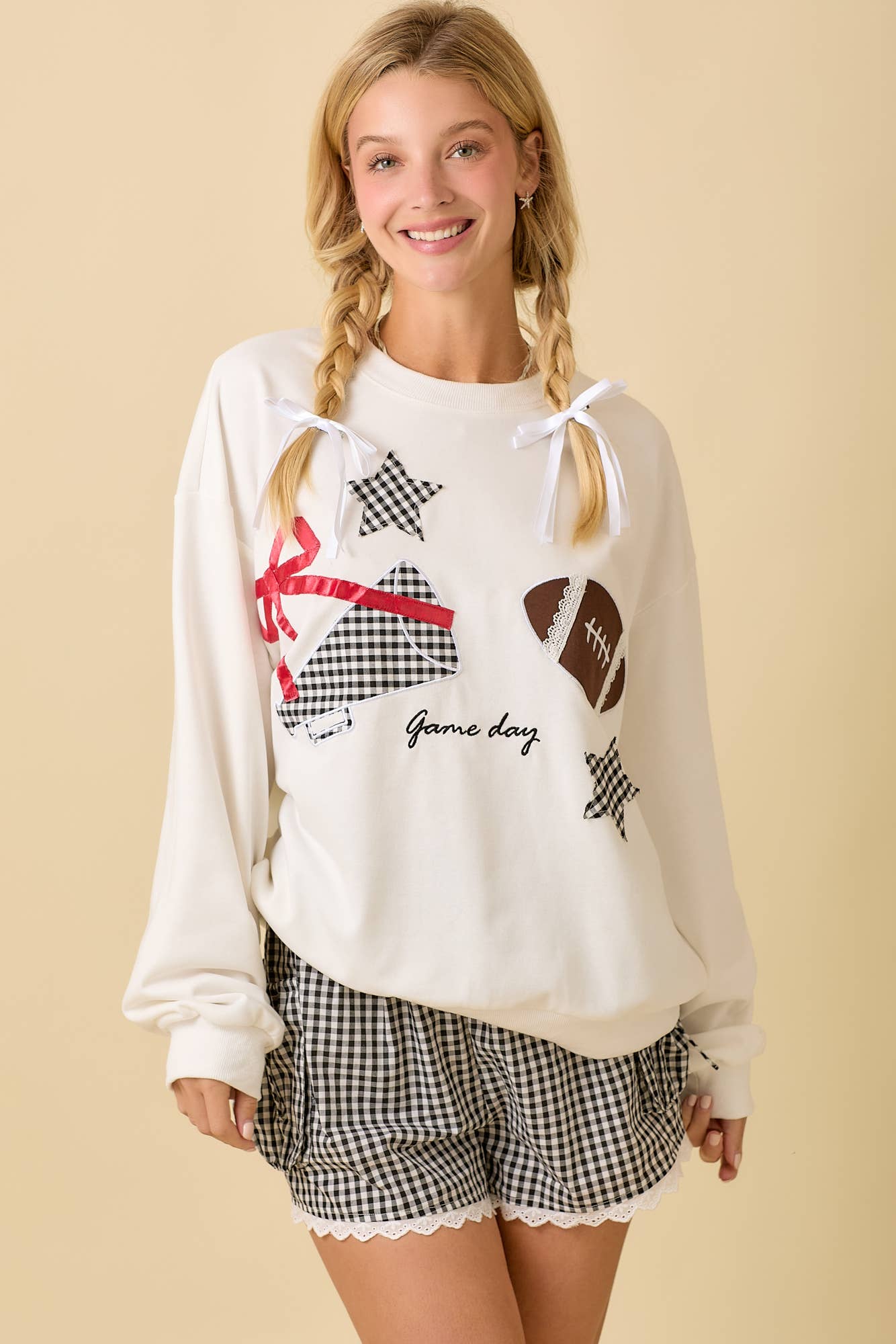 Football Game Day Patchwork Long Sleeve Crewneck Top: WHITE / L