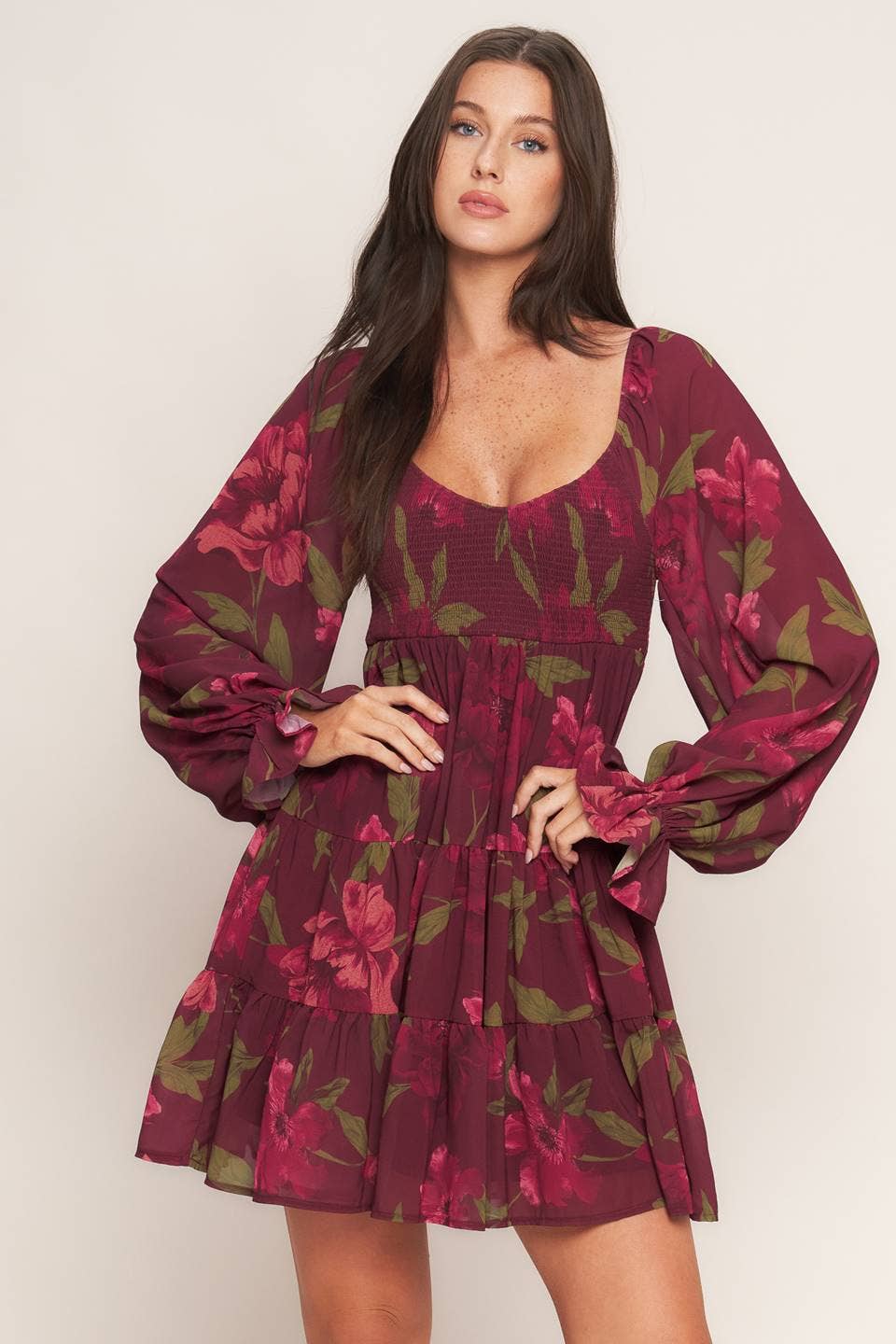A printed woven mini dress - ID23196: Burgundy / Contemporary / L