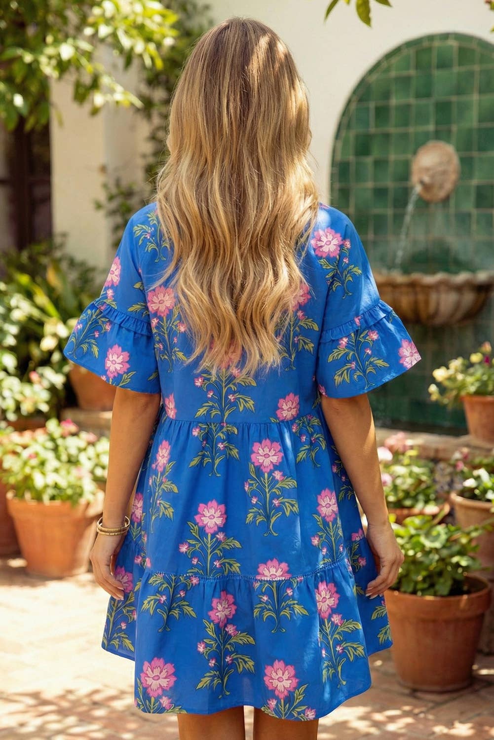 Floral Shift Short Sleeve High Waist Mini Dresses: Blue / S