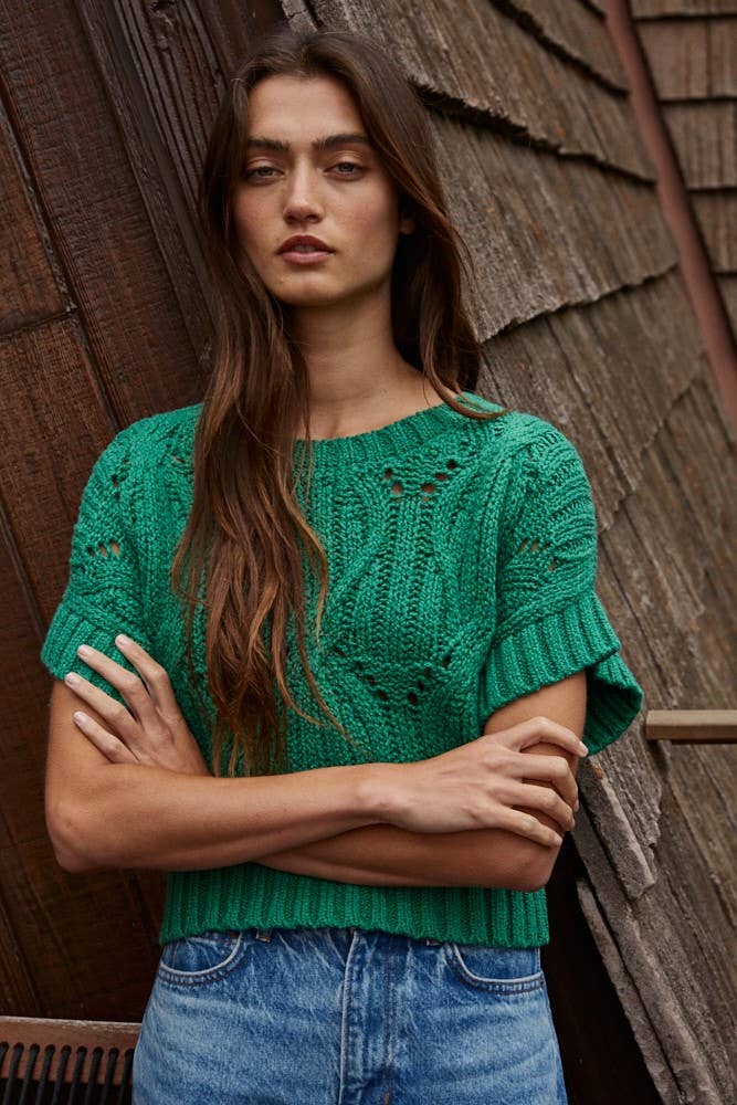 W1124 | Knit Sweater Crochet Round Neck Short Sleeve Top: Olive / Small