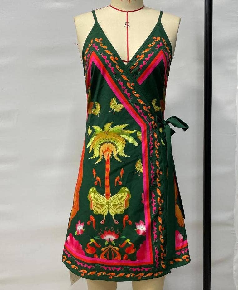 Print sleeveless lace-up mini dress: Green / S