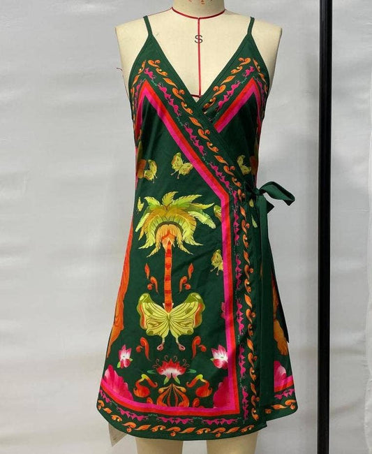 Print sleeveless lace-up mini dress: Green / XL