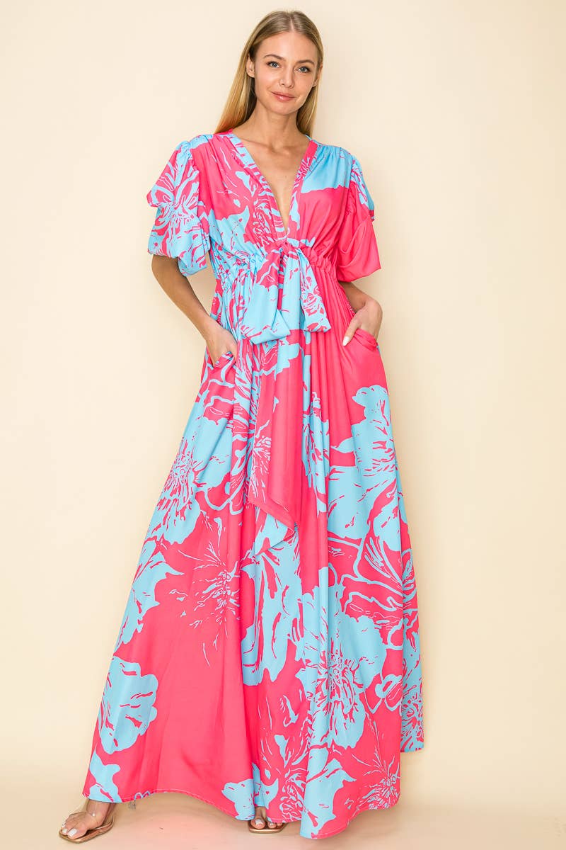 PRINTED V NECK MAXI DRESS WITH POCKETS