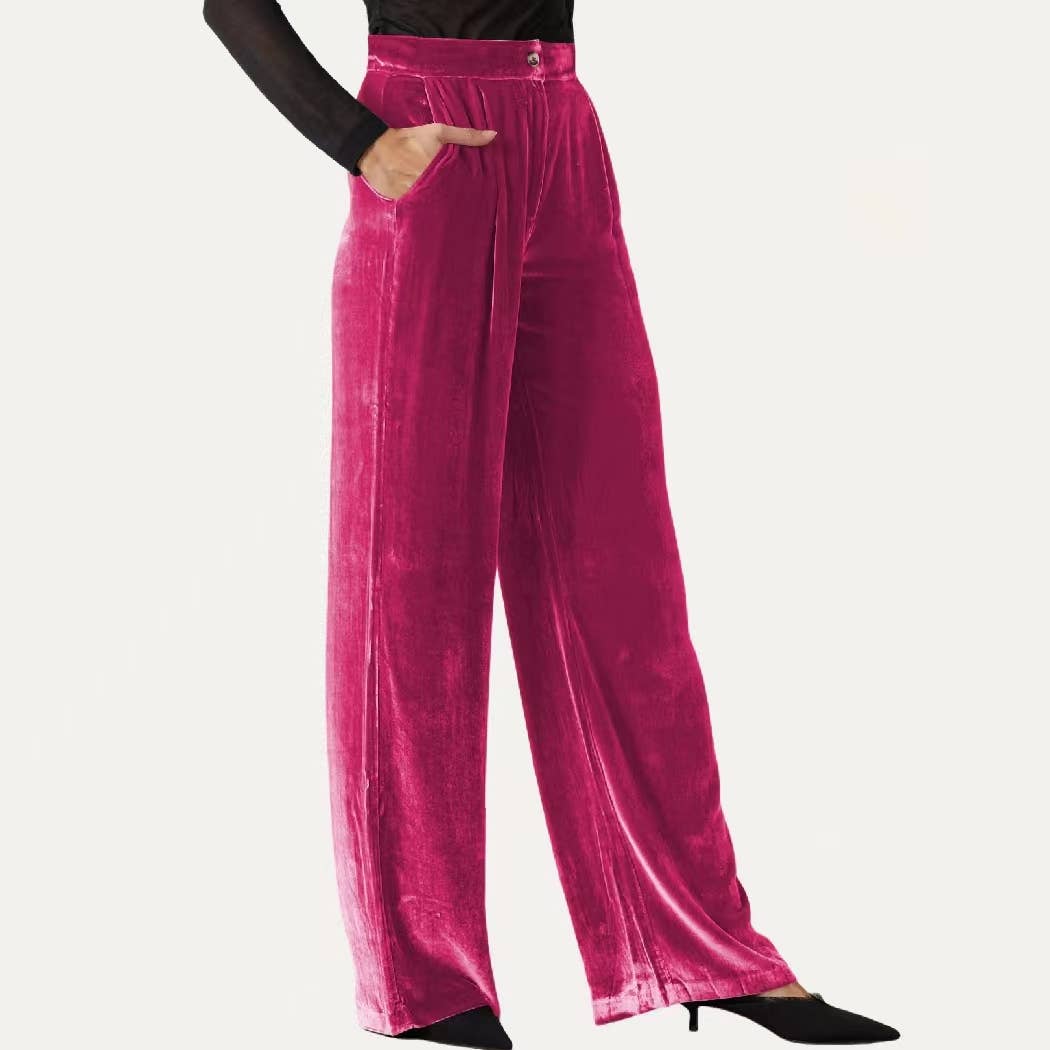 Chic Solid Velvet High-Rise Wide Leg Trouser Pants: Red / L