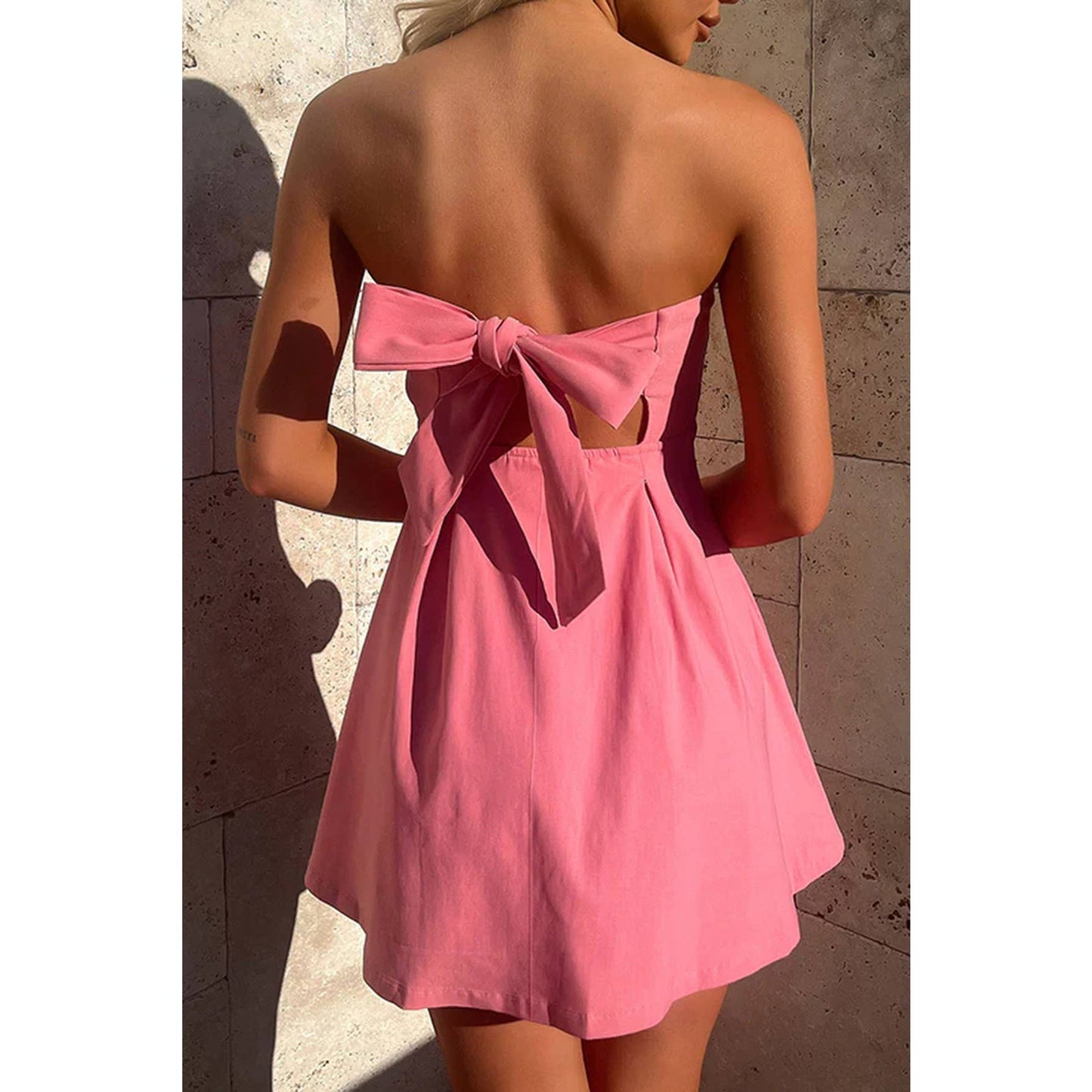 Off Shoulder Open Back Knot Pleated Mini Dress: WHITE / L