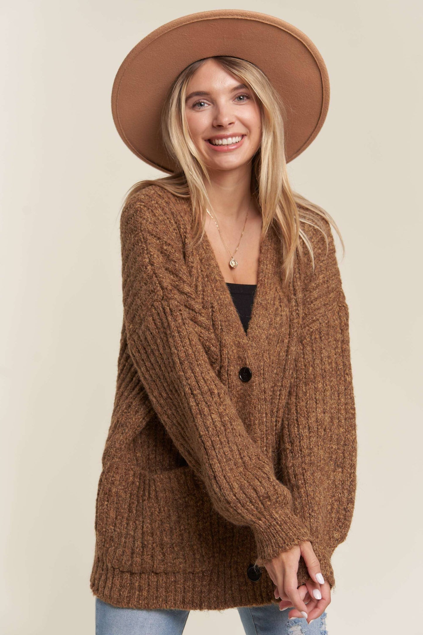 LESW3441A -  BUTTON DOWN COZY SWEATER CARDIGAN: HOT PINK / M/L