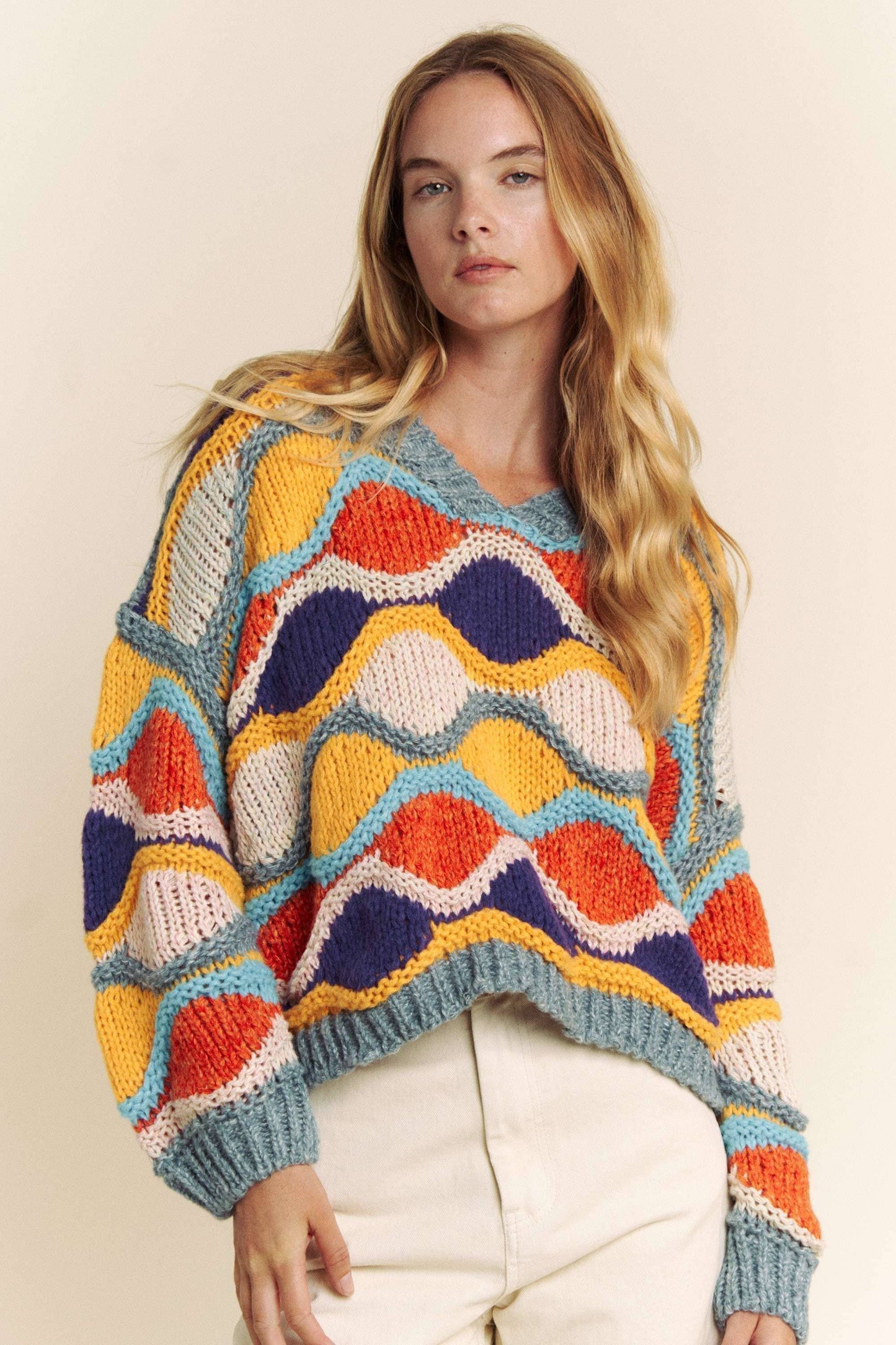 V NECK LONG SLEEVE MULTI COLOR SWEATER TOP: MULTI / S