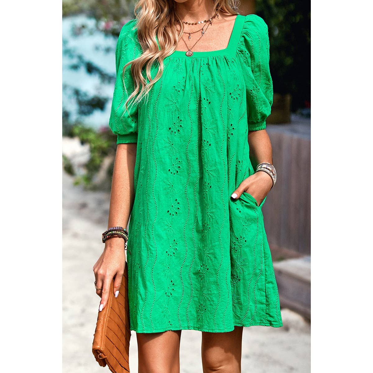 Square Neck Short Bubble Sleeve Babydoll Dress: WHITE / L