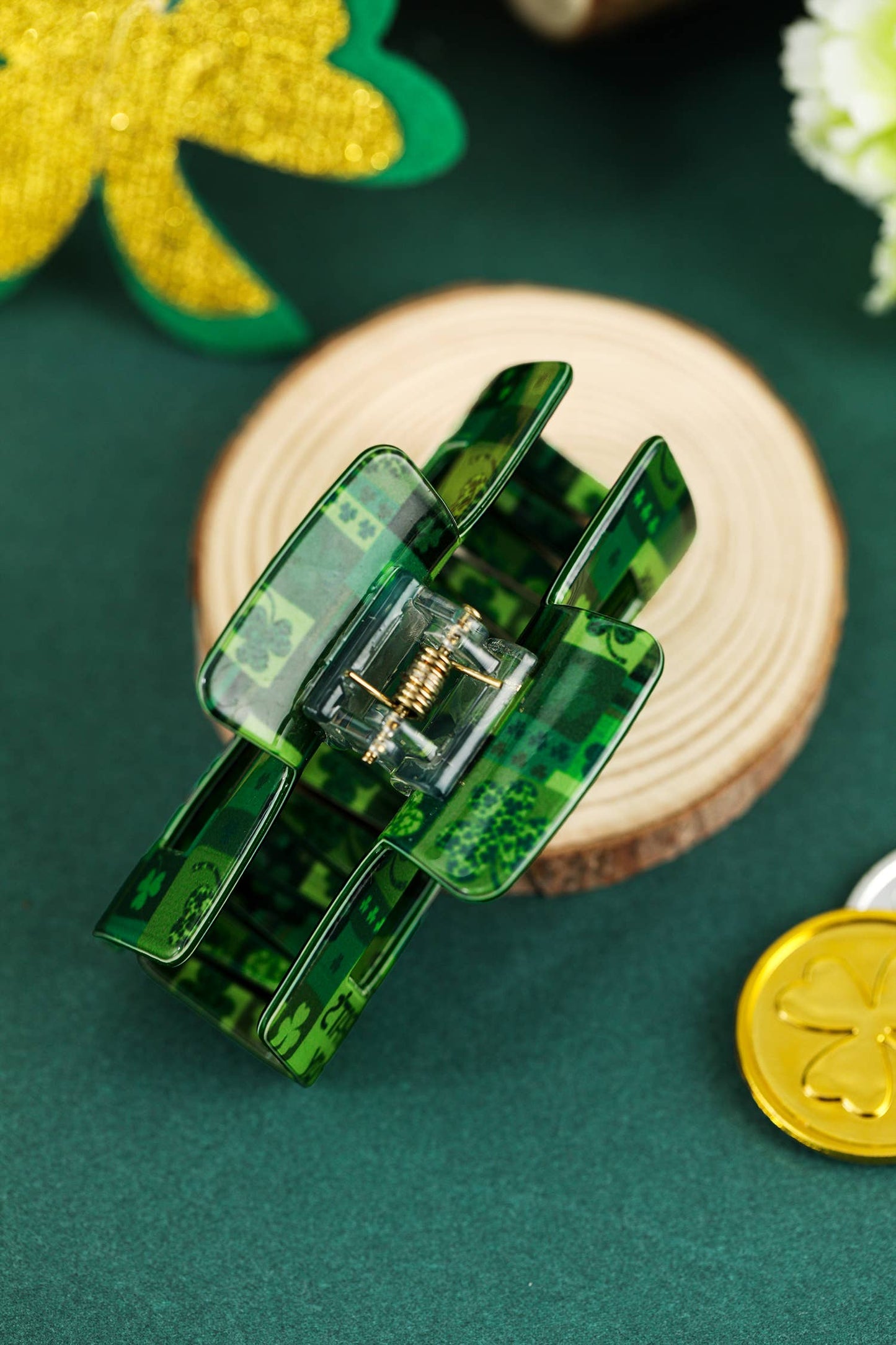 St Patricks Day Clover Square Hair Claw Clip: Dark Green / ONE SIZE