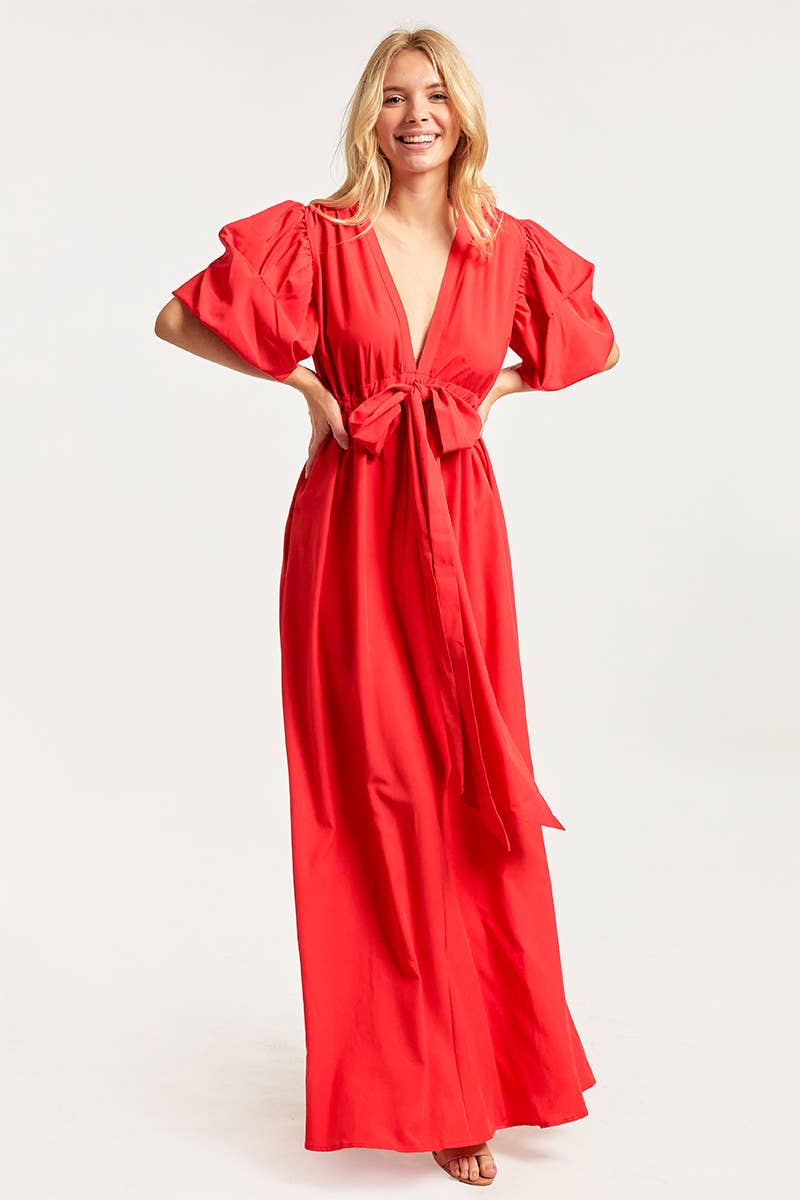 V NECK MAXI DRESS WITH PUFF SLEEVES: Green