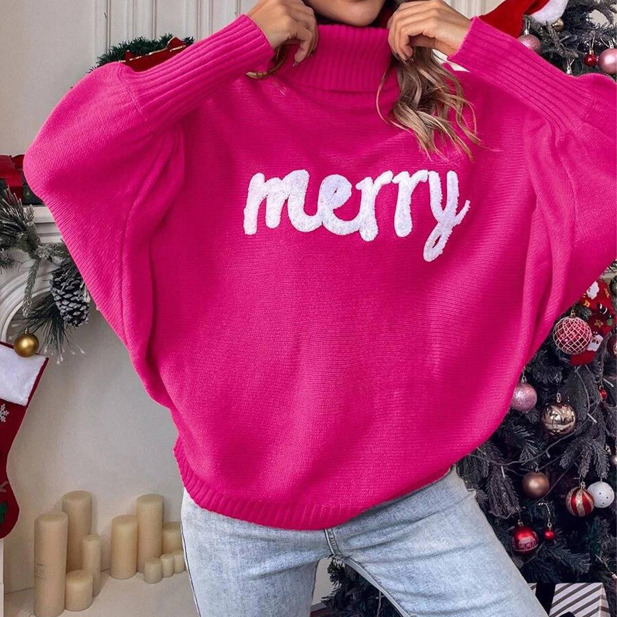 BAT-SLEEVED TURTLENECK SOLID COLOR KNIT SWEATER: Green / (S) 1