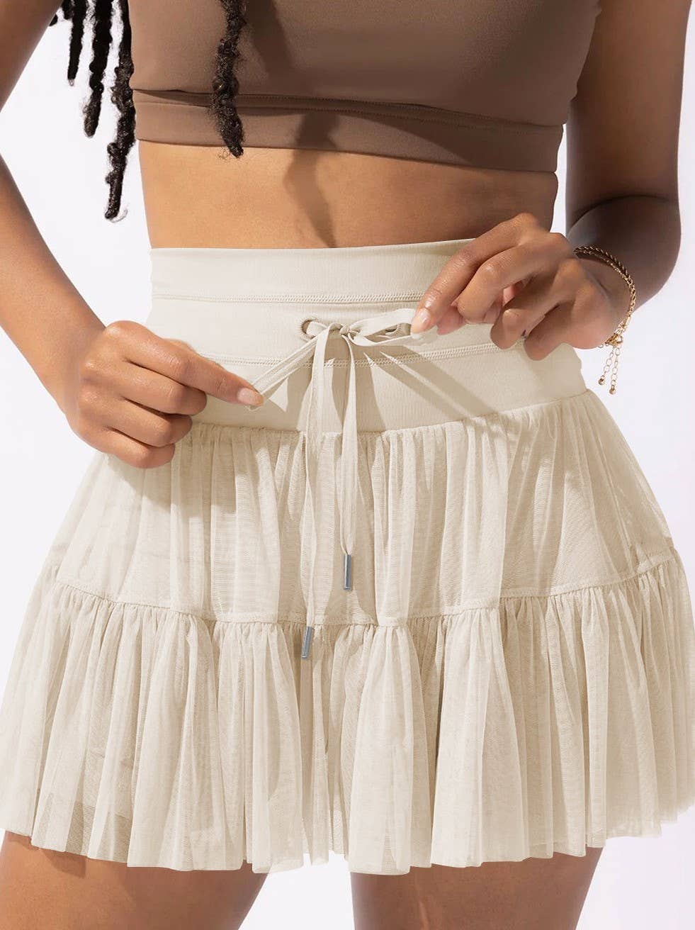 High-Waisted Lace-Up Panelled Pleated Skirt: Apricot / XL