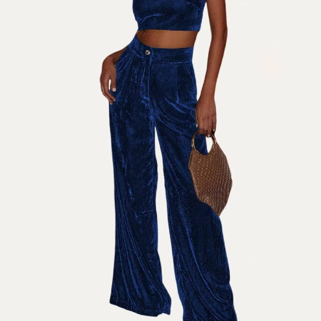 Chic Solid Velvet High-Rise Wide Leg Trouser Pants: Red / S