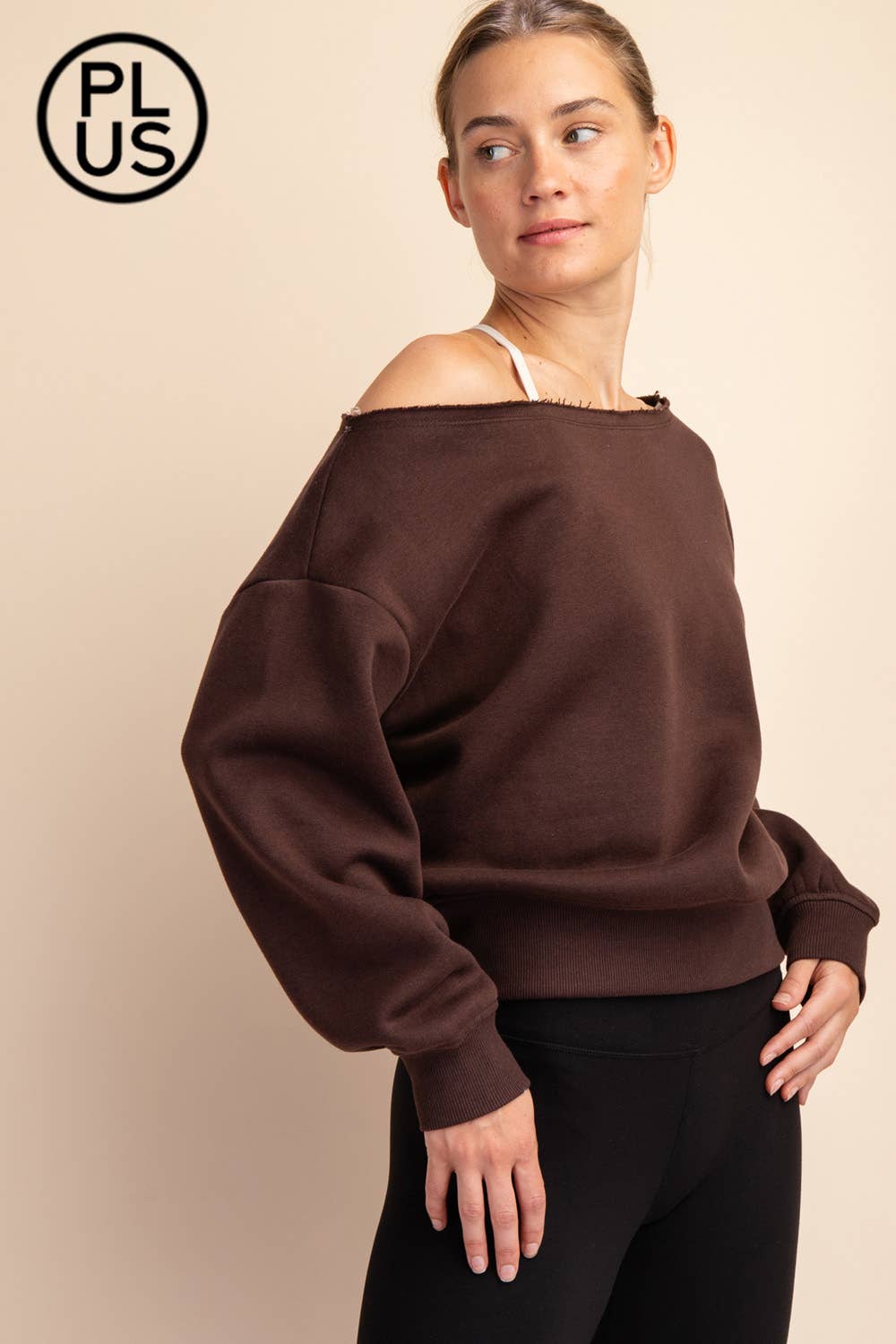 PLUS SIZE FRENCH TERRY FLEECE OFF SHOULDER SWEATSHIRT: Eucalyptus / 1X-2X-3X(3-2-1)