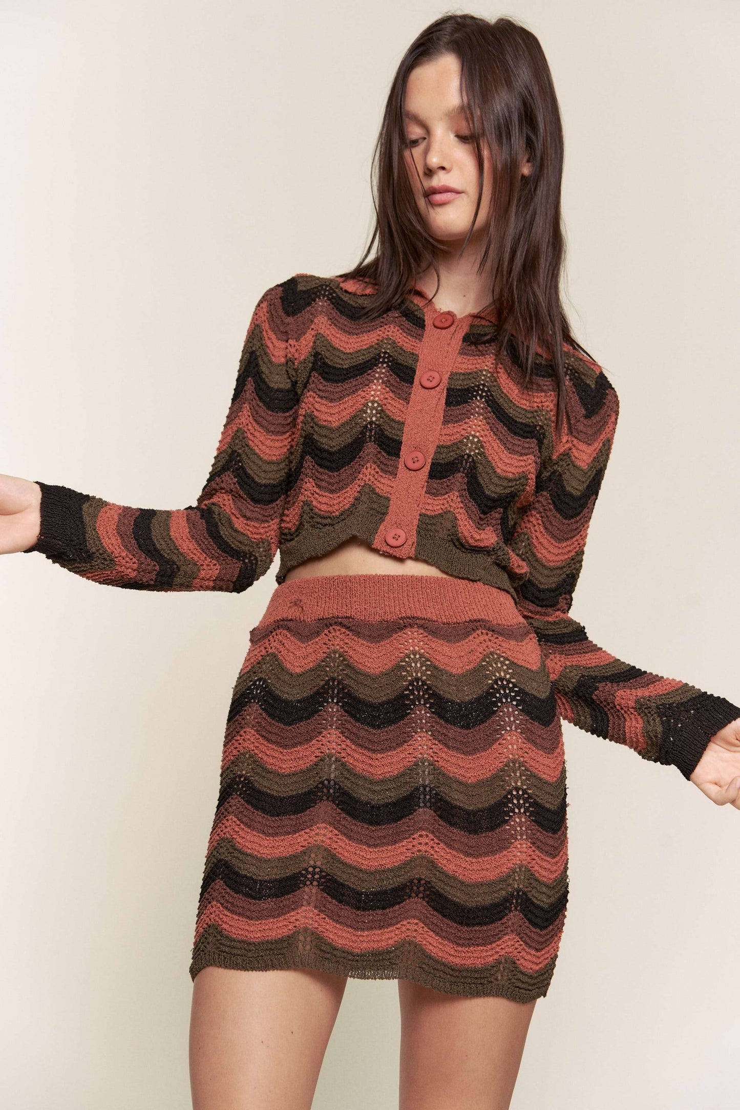 MISSONI MULTI COLOR BUTTON DOWN TOP AND SKIRTSET: BROWN MULTI / S