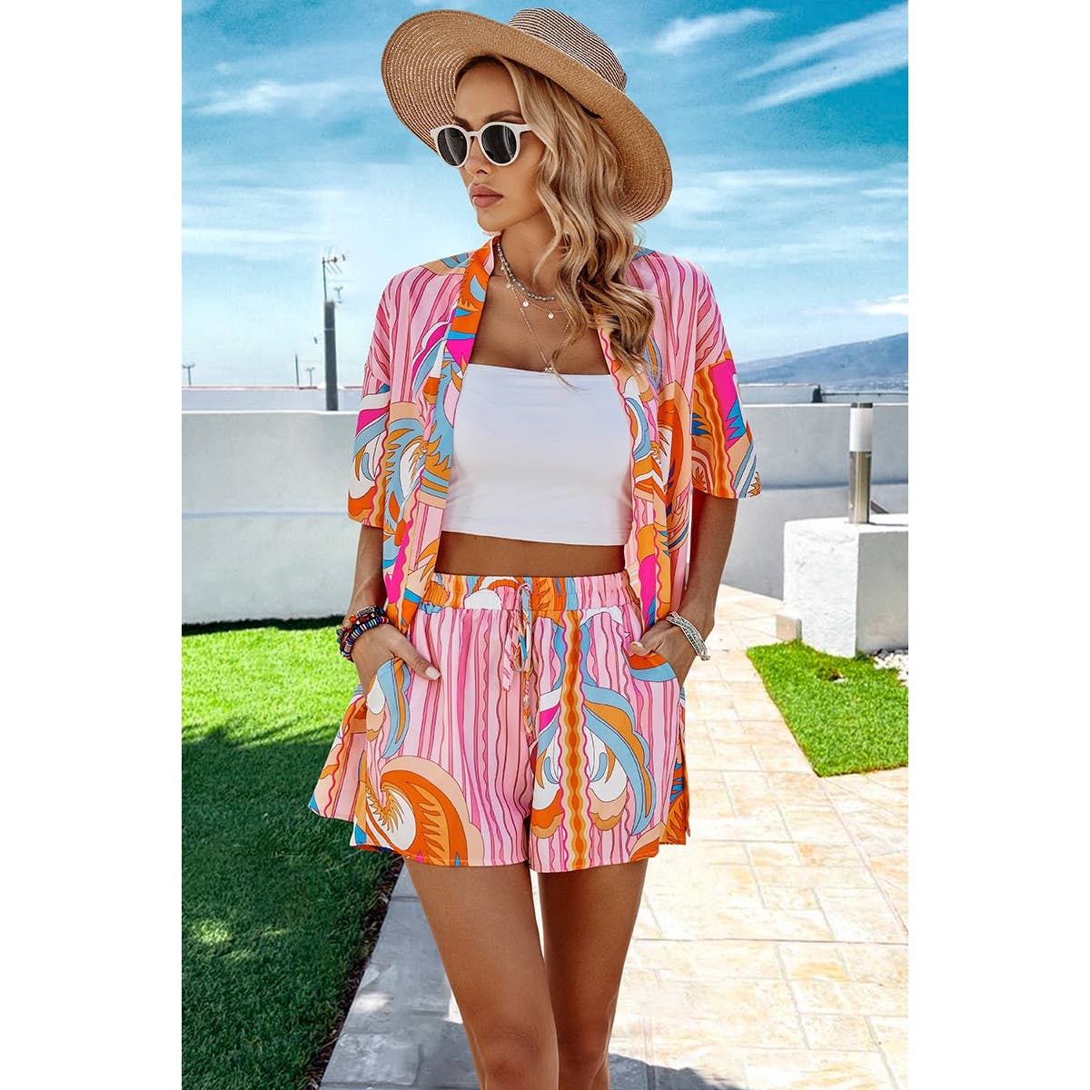 Graphic Print Drop Shoulder Blouse Tie Front Shorts: PINK / S