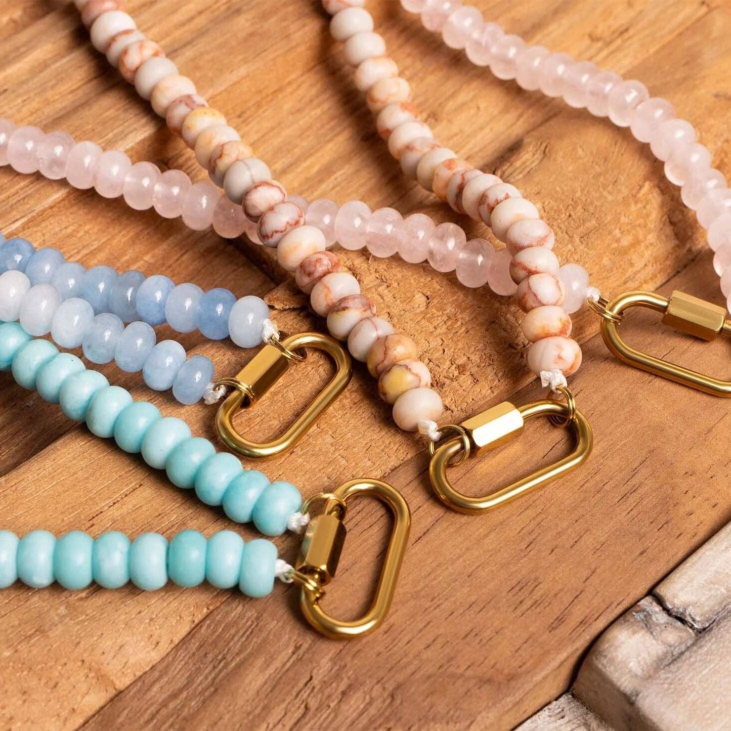 Stainless Steel Turquoise Chunky Bead Carabiner Necklace: Gold