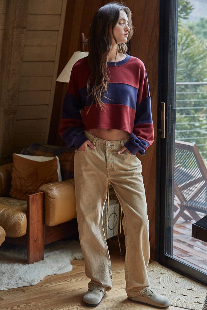 L7467 | Knit Cotton Striped Cropped Pullover Top: Navy Yellow / L