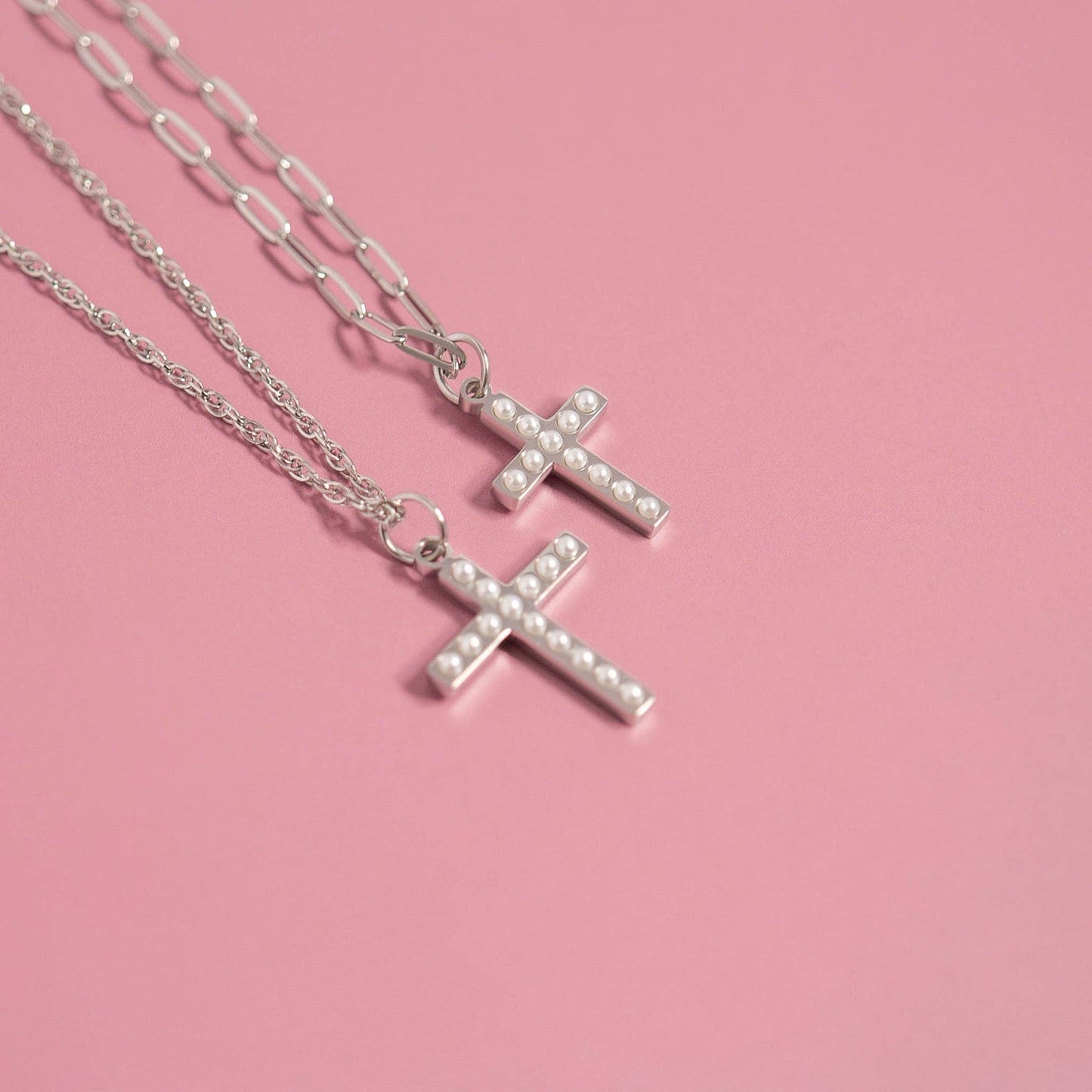 18K Gold PVD Stainless Steel Pearl Beaded Cross Charm: Stainless / 15mm