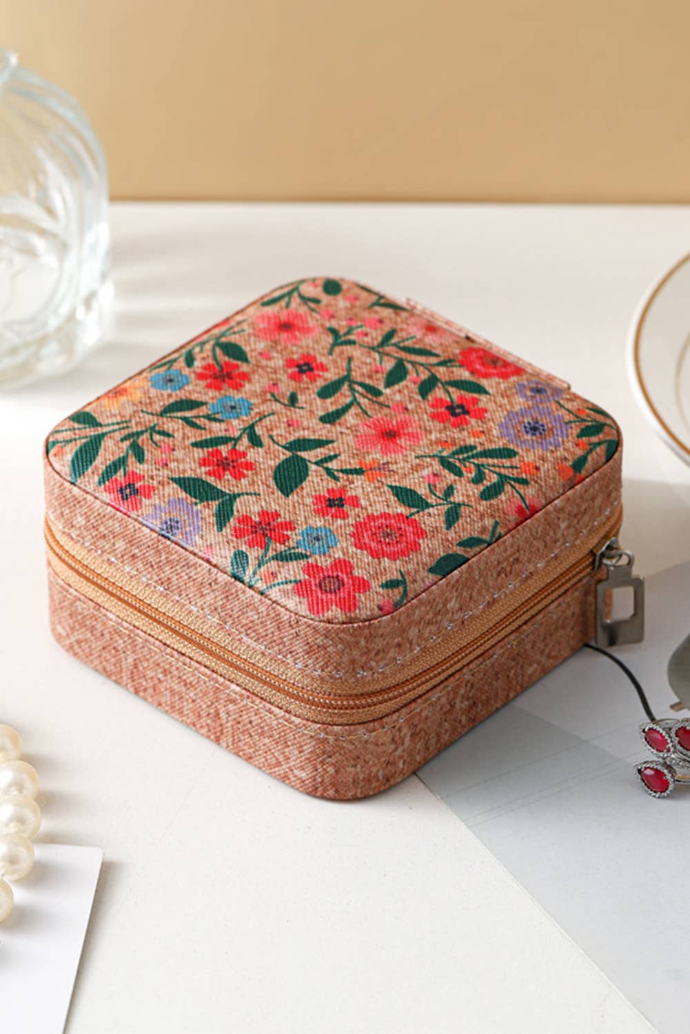 LDC Retro Floral Print Portable Square Jewelry Box: Camel