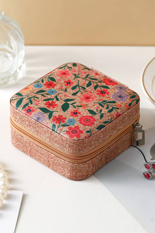 LDC Retro Floral Print Portable Square Jewelry Box: Camel